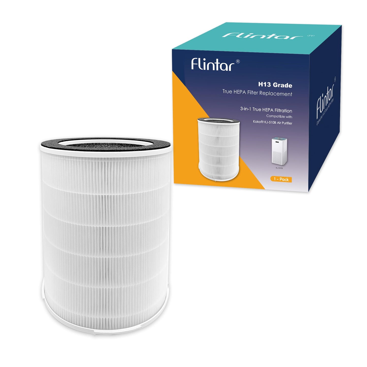 Flintar KJ510B True HEPA Replacement Filter, Compatible with Kokofit KJ-510B Air Purifier, 3-in-1 H13 True HEPA Filter and Activated Carbon Filter, 1-Pack