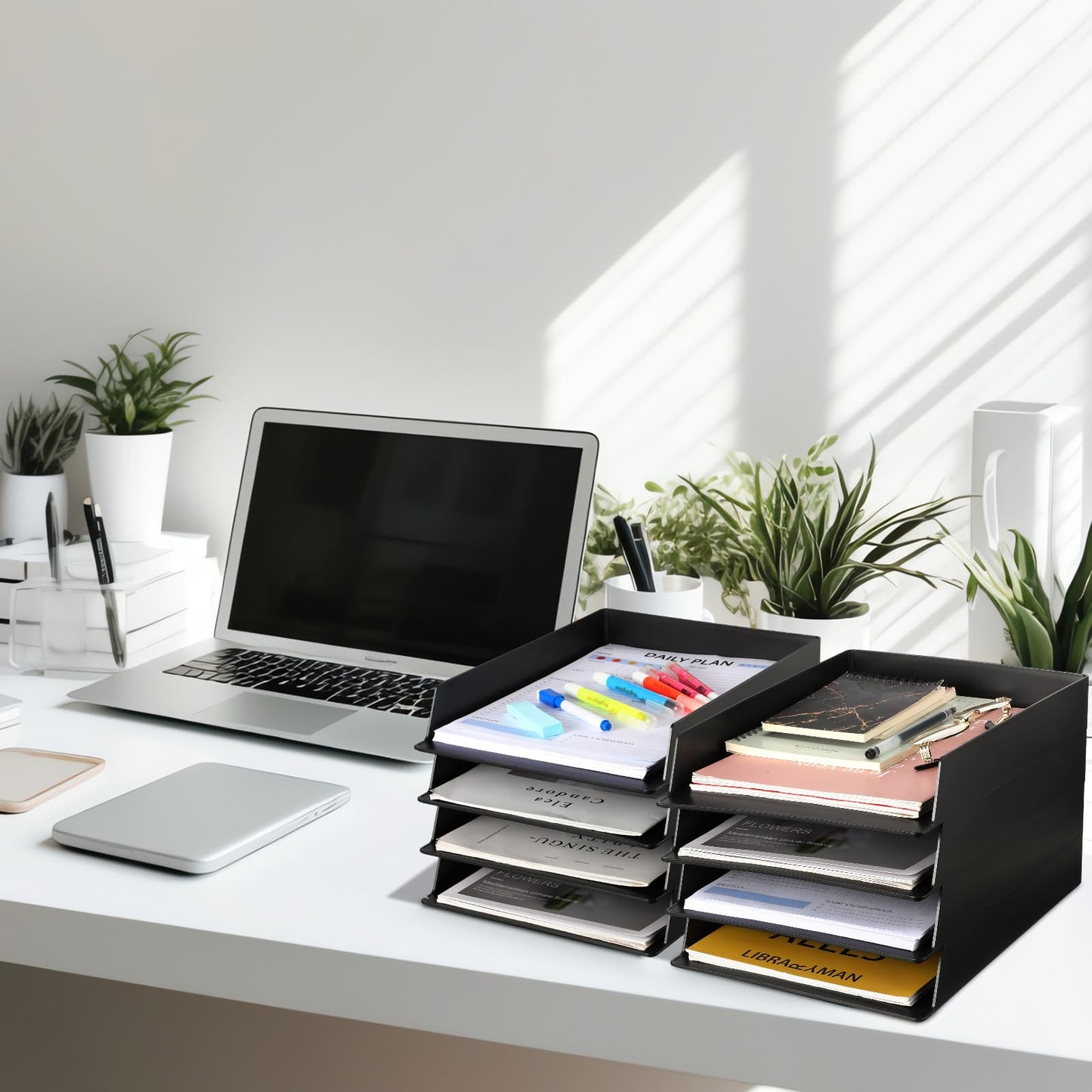 Wenqik 8 Pcs Stackable Paper Trays Rectangular Plastic Desk Holder Desktop Document File Organizer Storage Letter for Office Classroom (Black)