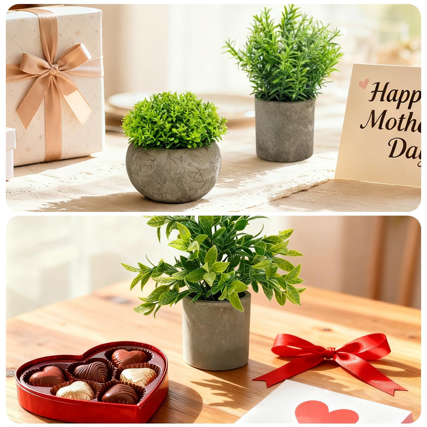 AUUGUU Artificial Potted Plants Faux Greenery in Cement Pots for Shelf, Bookshelf, Office or Home Decor, Small Decorative Fake Plants for Modern Indoor Display