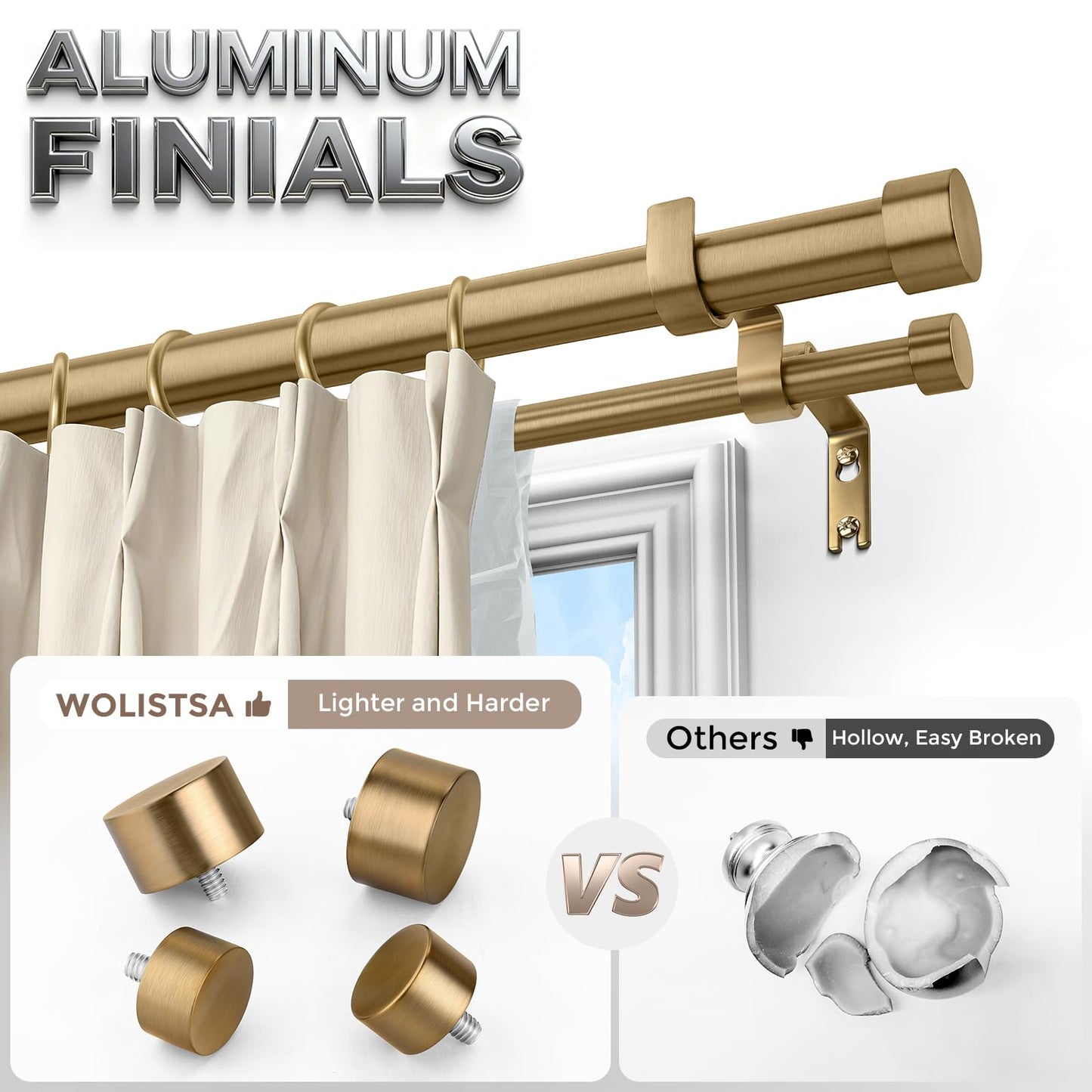 Wolistsa Warm Gold Double Curtain Rod, Brass Dual Curtain Rods for Windows 36 to 76 Inch, 1 Inch Adjustable Heavy Duty Spliced Double Rod, Pro-Plating Process, Aluminium Finials