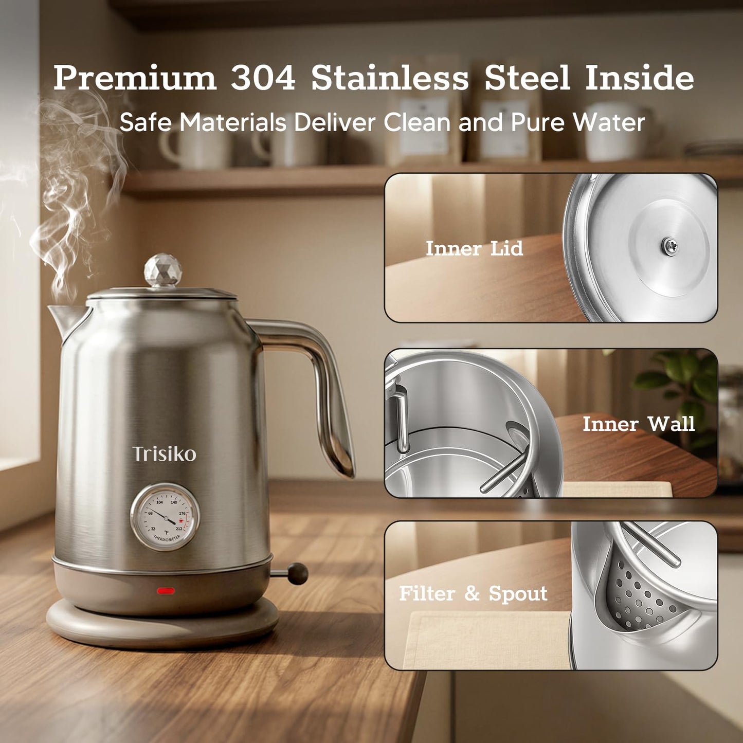 Trisiko 1.7L Large Electric Kettle with Thermometer,57.oz Electric Tea kettle with Automatically Shut Off,304 Stainless Steel,1200W Hot Water Kettle Electric for Coffee&Tea (Chrome)