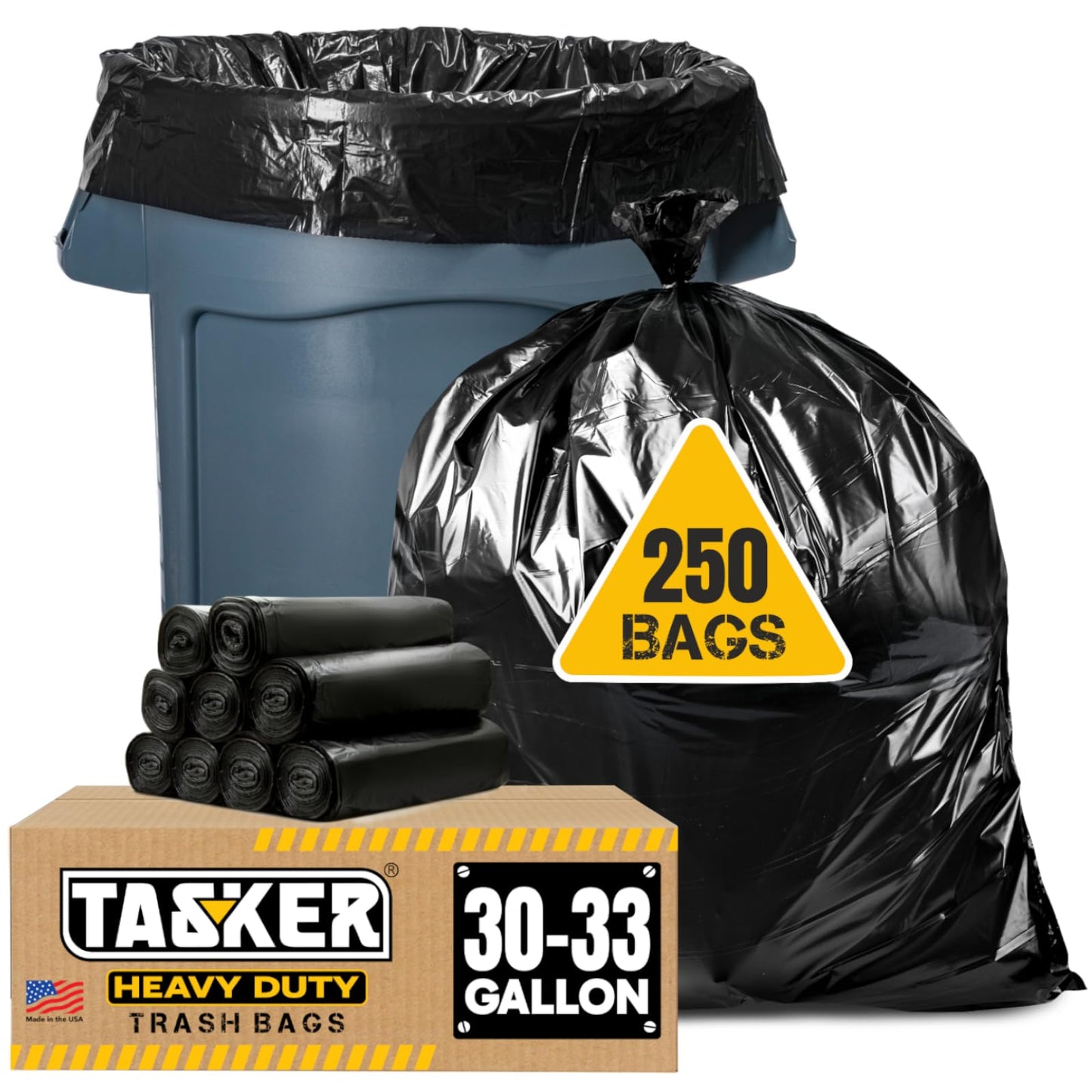 Tasker 30-33 Gallon Trash Bags Heavy Duty (MegaValue Pack 250 Count) Large Black Garbage Bags 30 Gallon - 32 Gallon - 33 Gallon- 35 Gallon. High Density Bags