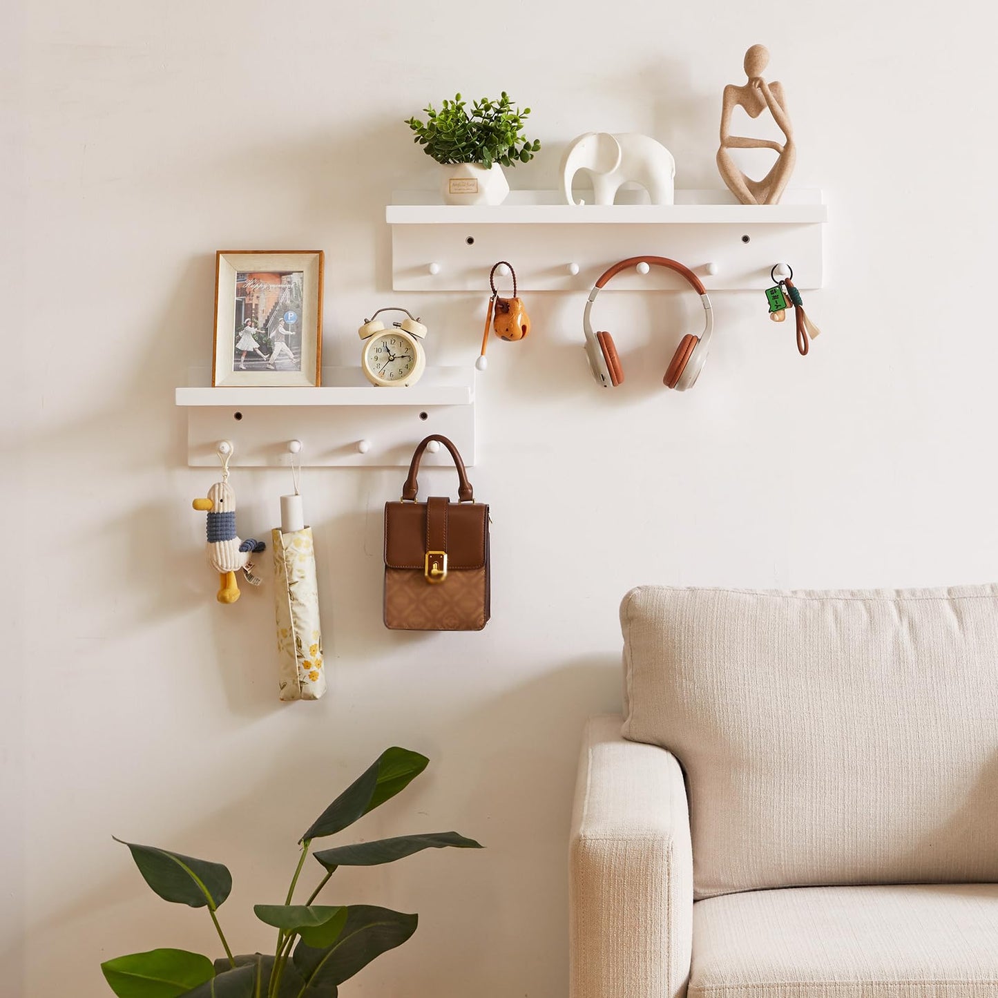 Aibiju Wood Coat Hook with Wall-Mounted Shelf, 23.62in Entryway Wall Hanging Shelf, for Bathroom, Kitchen, Coat Towel Key Organizer White YD-WS0260W