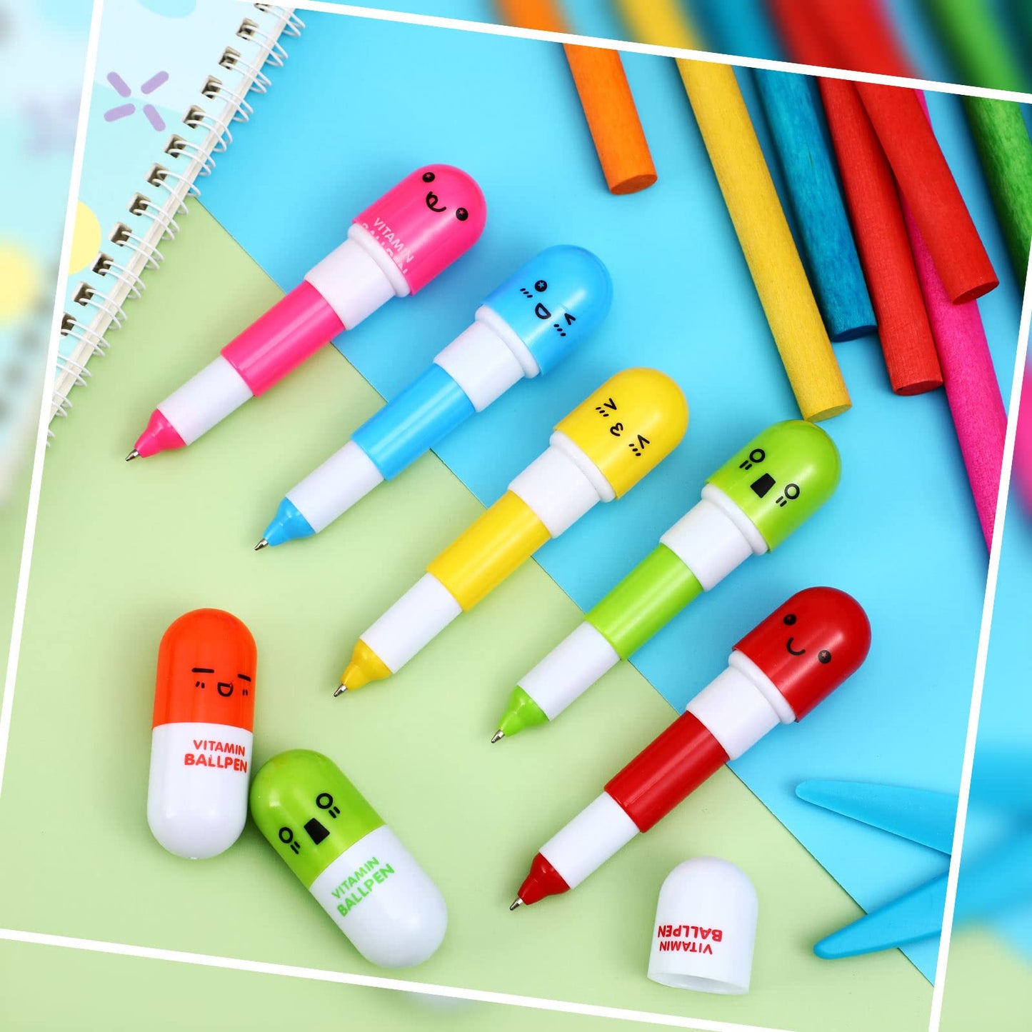 Lincia 200 Pcs Pen Pills Bulk Pharmacy Gifts Ballpoint Pen Cute Cartoon Emotion Ball Novelty Face Retractable for Nurse Week School Doctor, 6 Colors