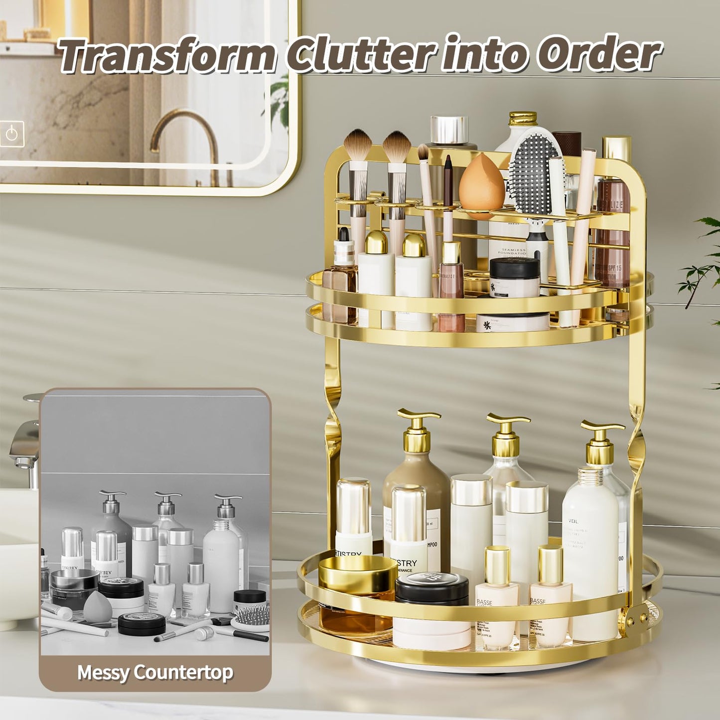 360° Rotating Makeup Organizer, 2-Tier Gold Perfume Organizer for Dresser, Bathroom Organizers Countertop, Perfume Shelf with Makeup Brush Holder, Skincare Holder Cosmetic Display(Gold)