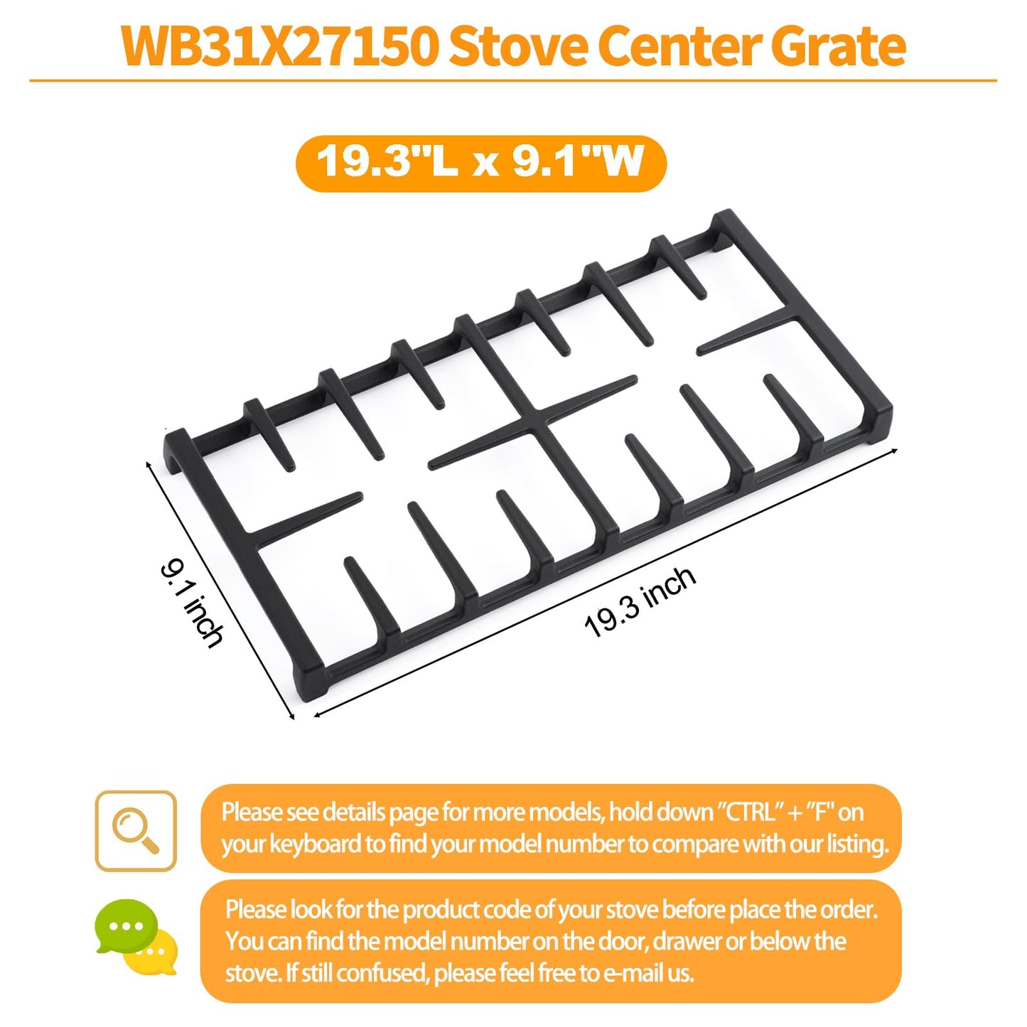 WB31X27150 Center Grate Replacement for GE Stove Grate JXGRATE1 WB31X24737 Cast Iron General Electric Gas Range Grate 19.3" x 9.1'' Surface Burner Grate GE Cooktop Parts Stove Top Grate