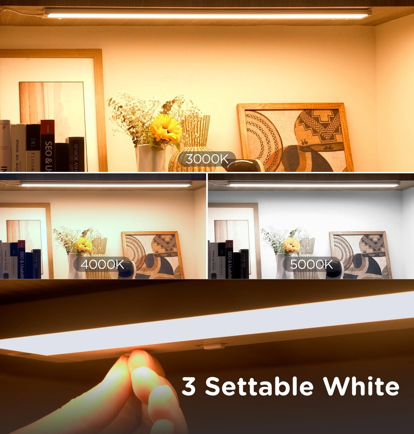 Tonlesm 24 Inch Under Cabinet Lighting Plug in, 14W 120V 3 Color 3000K/4000K/5000K, 3 Brightness, Super Bright, Ultra Thin Under Counter Lights for Kitchen, Linkable LED Cabinet Light, White