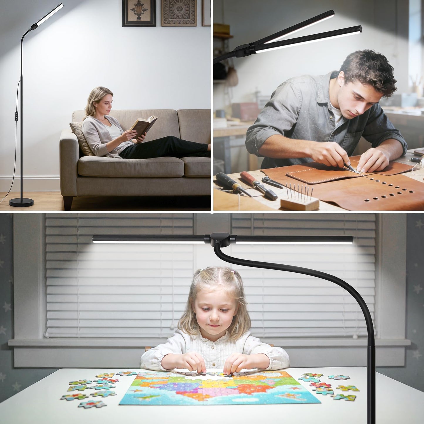 24W/2600LM LED Floor Lamp, Bright Reading Floor Lamps with Dual Head Adjustable Gooseneck, Dimmable Standing Task Lamp for Office Living Room Bedroom, Modern Eye Caring Light for Puzzle Craft Sewing