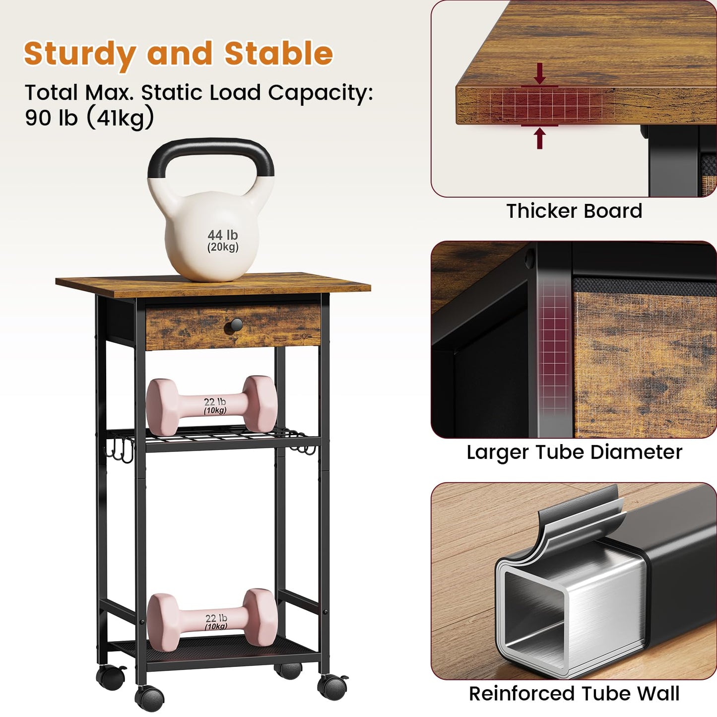 Draelibor Microwave Cart, 4-Tier Microwave Stand with Adjustable Shelf, Kitchen Storage Cart on Wheels, Coffee Bar Cart Shelf for Living Room, Kitchen Island, Office, Balcony, Rustic Brown
