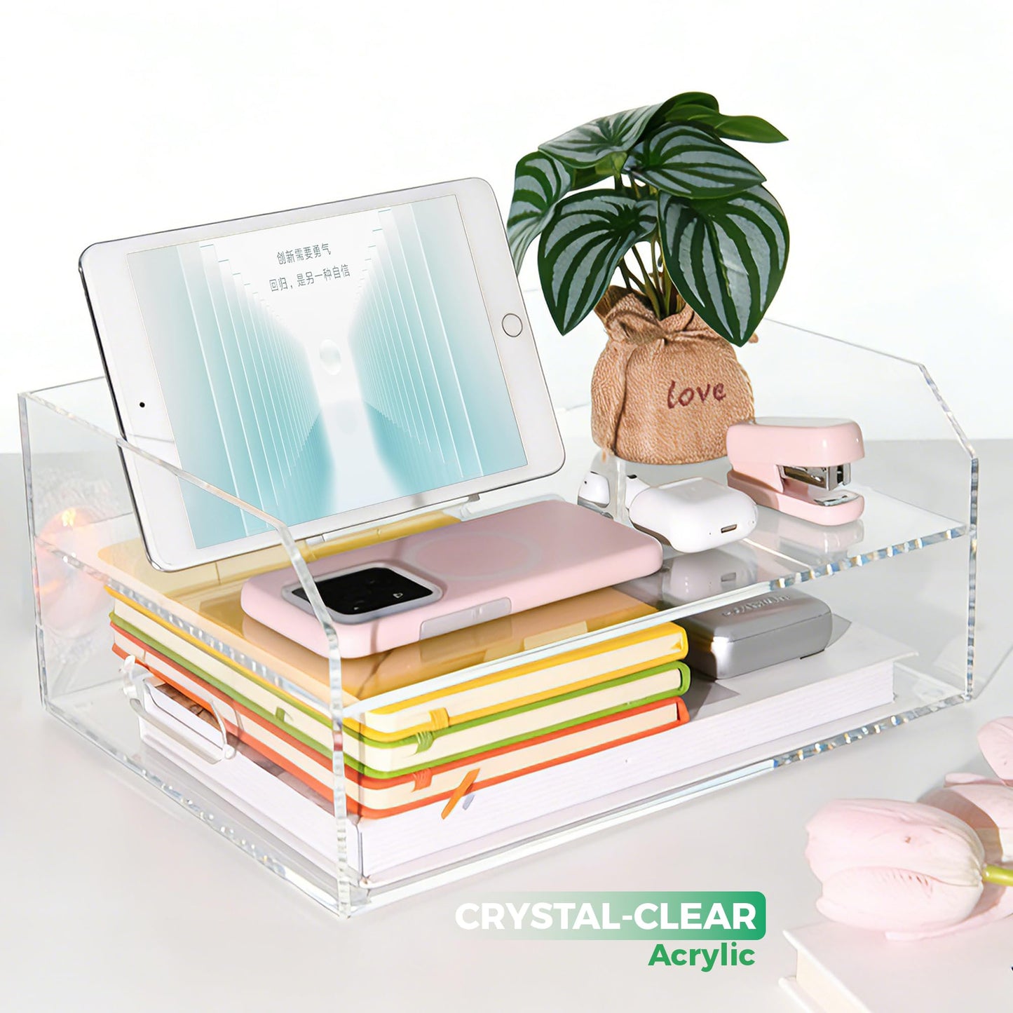 AIMOLLY Paper Tray Organizer for Desk, 2 Tier Acrylic Desk Organizers and Accessories, One-Piece Integrated A4 Paper Organizer with Handles, Crystal-Clear Letter Tray & Compact Office File Holder