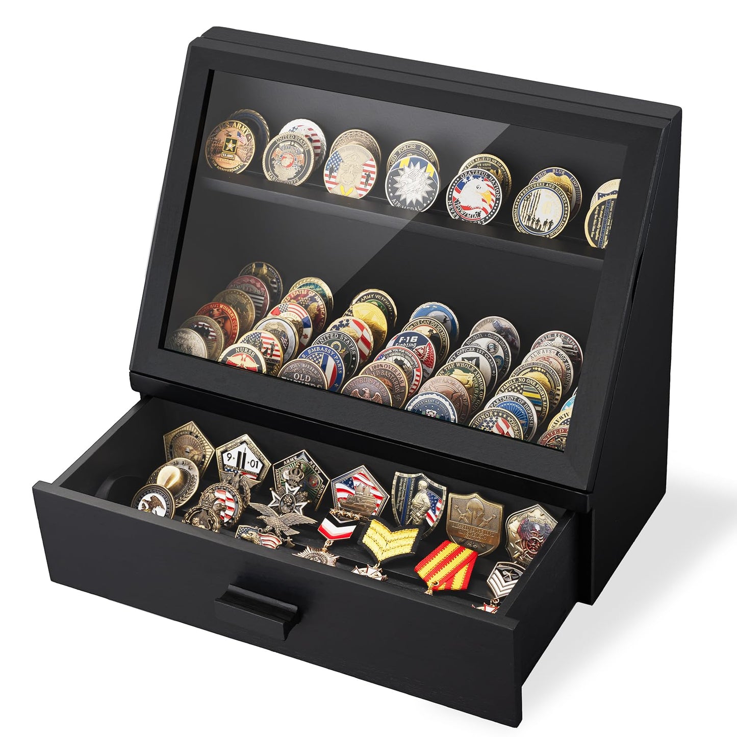 Yoimori Challenge Coin Display Case, 13 Rows Solid Wood Military Coin Holder Display Stand, Holds up to 100 Coins or Medals, Clear Acrylic Cover with Drawer for Collectors (Black)