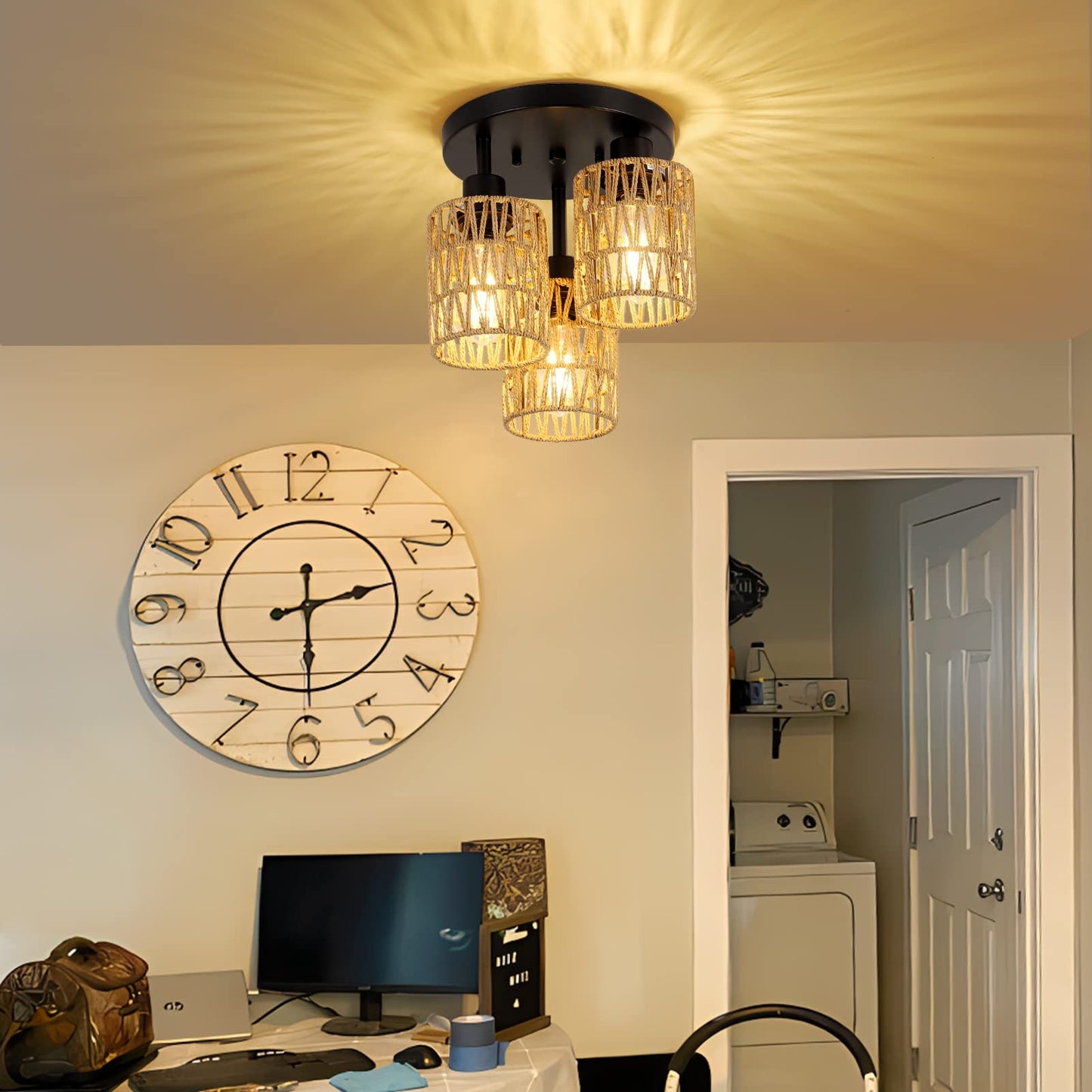 3-Lights Boho Light Fixtures Ceiling Mount, Farmhouse Rattan Chandelier, Hand Woven Cage Shade Semi Flush Mount Ceiling Lights for Bedroom Foyer Entryway Kitchen, Hallway Rattan Light Fixtures Ceiling