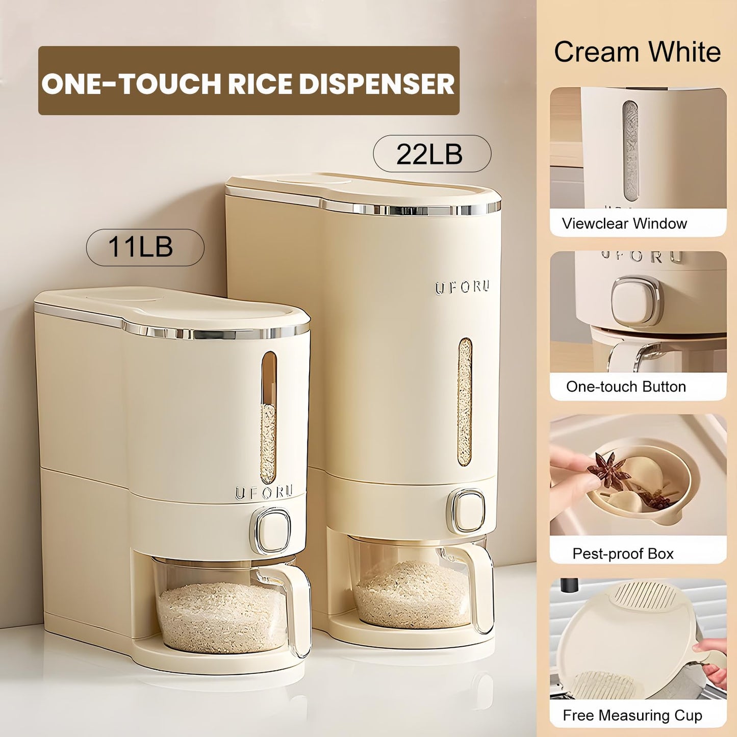 UFORU Rice Dispenser, Rice Storage Container with Measuring Cup for Kitchen Pantry Household, Dry Food Storage Containers Airtight, Sealed Moisture Proof, Cream White 11 Lbs