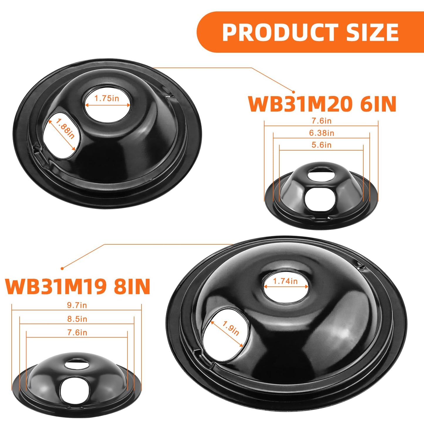 Black Porcelain Burner Drip Pans 2*WB31M19(8”) 2*WB31M20(6”)&Electric Stove Burner Replacement 2*MP15YA(6") 2*MP21YA(8") Compatible for G-E Hot-point Ken-more Electric Range Stove by MIFLUS