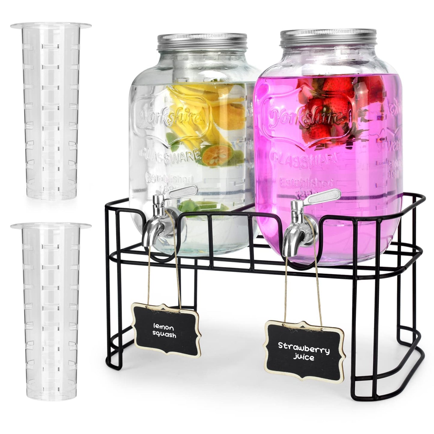 1 Gallon Glass Drink Dispensers For Parties 2PACK.Beverage Dispenser,Glass Drink Dispenser With Stand And Stainless Steel Spigot 100% Leakproof.Lemonade Dispenser With Ice Cylinder.Laundry Detergent