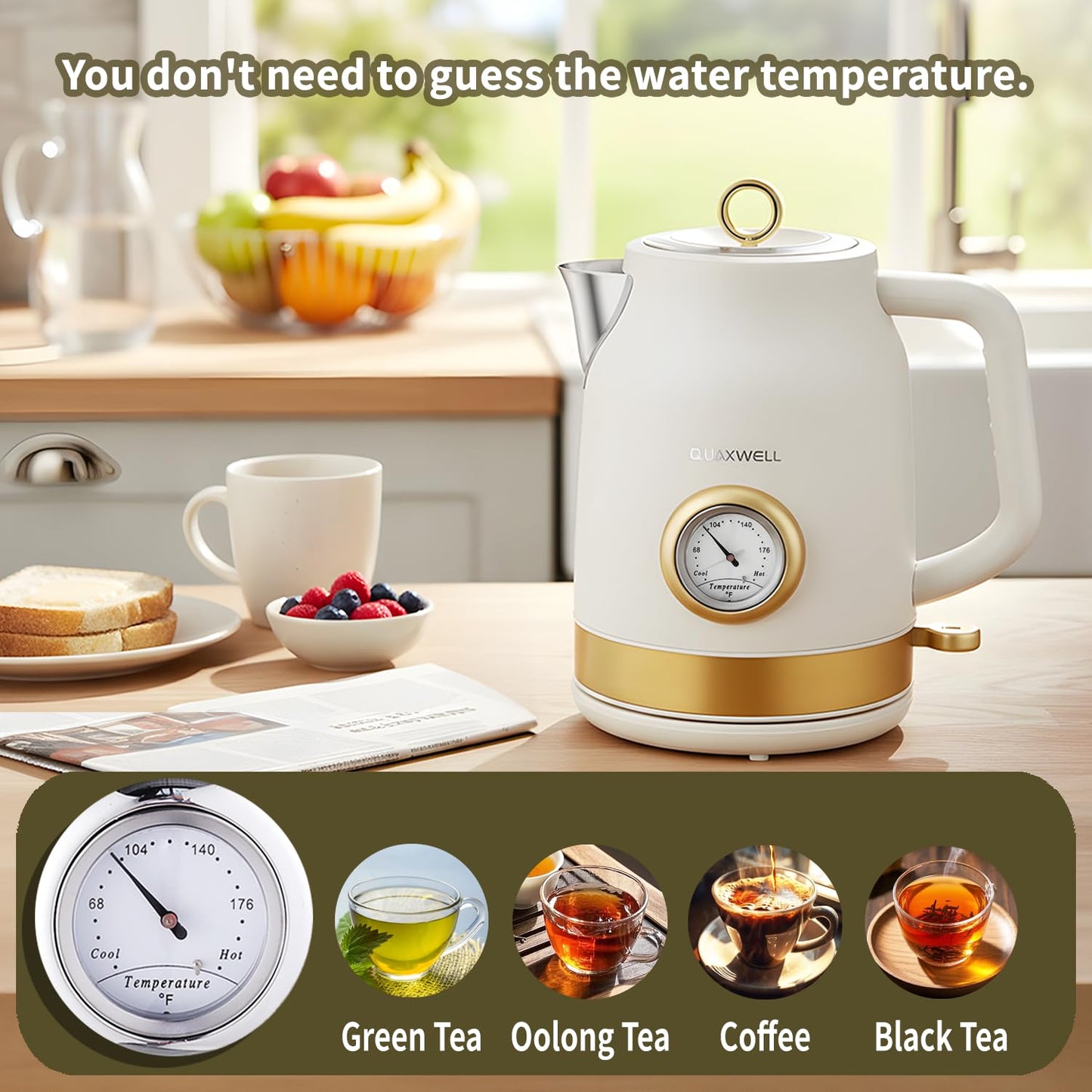 QUAXWELL Retro Electric Kettle, 1.7L 304 Stainless Steel Tea Kettle with Temperature Gauge, 1500W Fast Boiling Water Boiler,Auto Shut-Off & Boil-Dry Protection, BPA-Free, Matte White and Gold