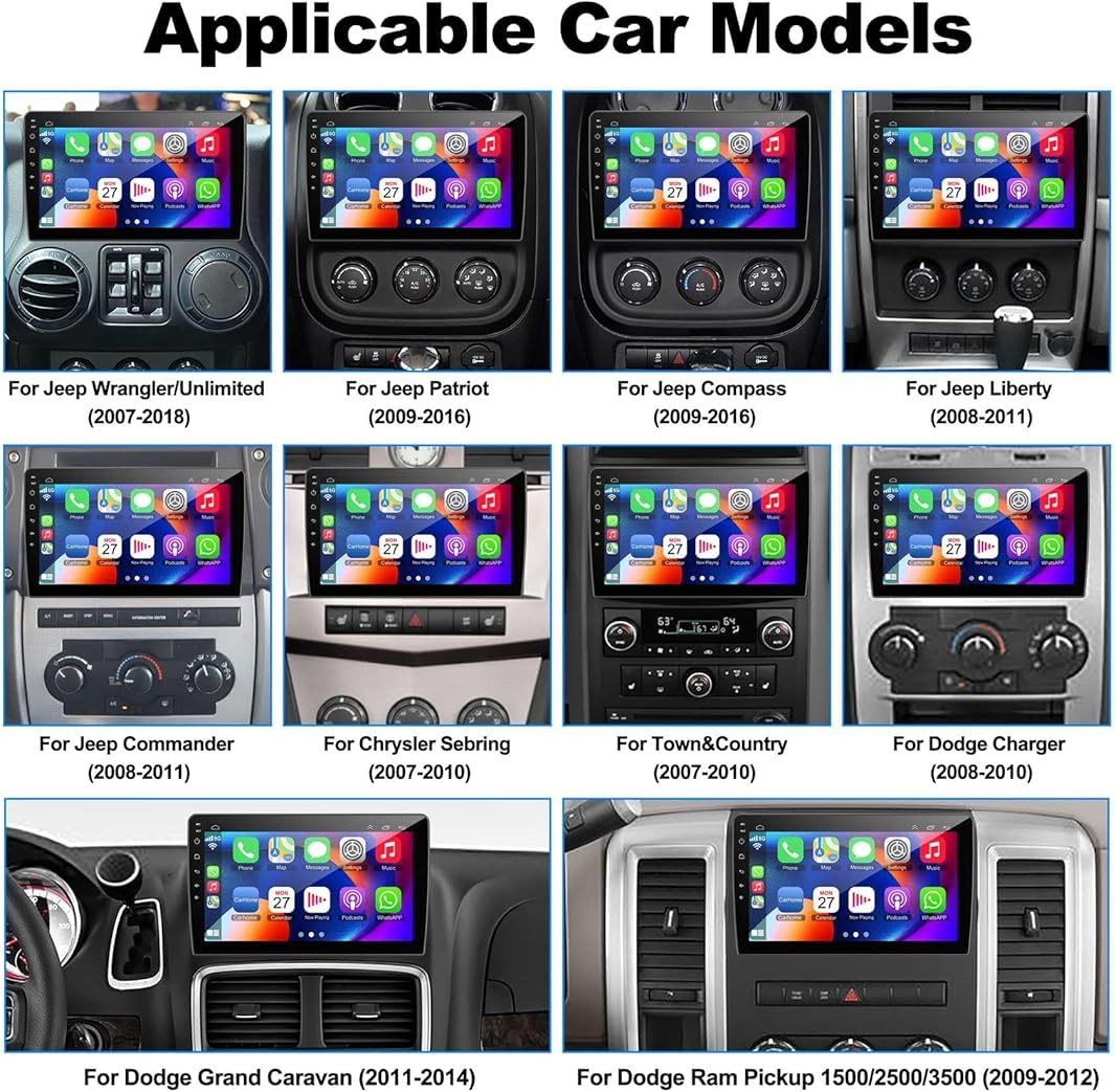 10.2 Inch Car Radio Stereo Upgrade Replacement for Jeep Wrangler/JK 2007-2018 Jeep Patriot 2009-2016 Dodge Ram 1500 2500 2009 2010 2011 2012 withCarPlay/Android Auto/Touch Screen/FM/HD Backup Camera