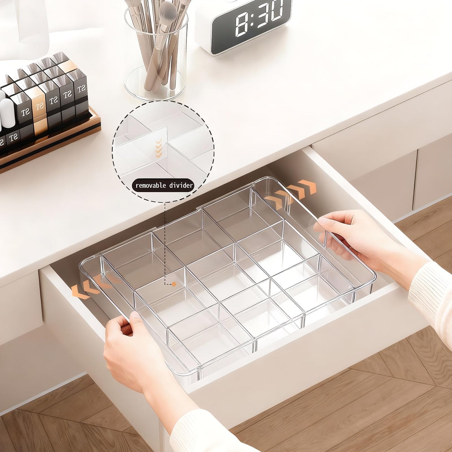 VDTEB Acrylic Expandable Desk Drawer Organizer with 11 Adjustable Compartments and 6 Removable Dividers Desk Accessories for Office Kitchen Bathroom Makeup and Utensil Junk Storage (Clear, 2Pcs)