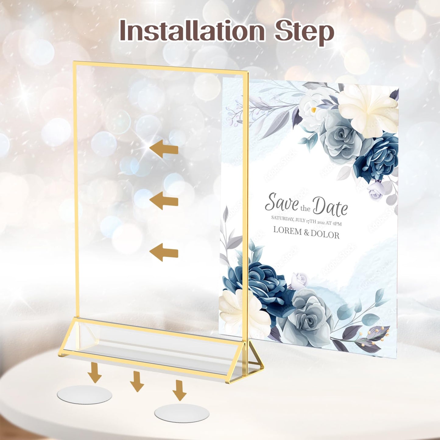YOAEAILY Gold Frames 5X7 Acrylic Sign Holder Double-Sided Acrylic Picture Frames Display Stand for Flyer Holder Menu Holder Wedding Table Number with Removable Sticky Dots-24 Pack