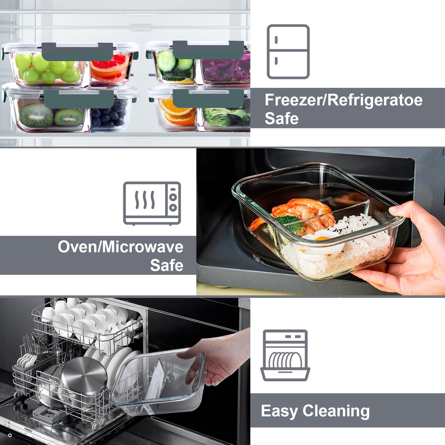 VERONES 5 Pack Glass Meal Prep Containers 2 Compartment Set, 36OZ Airtight Glass Lunch Containers, Glass Food Storage Containers with Lids, for Microwave, Oven, Freezer & Dishwasher Friendly,Grey