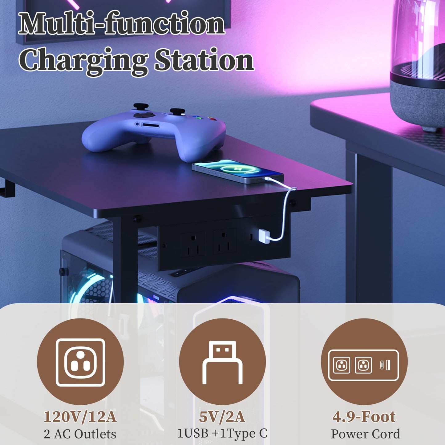 HavenlyYouth 2-Tier Computer Tower Stand with Power Outlet, Height Adjustable PC Tower Stand with Wheels, ATX-Case CPU Holder Cart with Hooks for Home, Office, Gaming (Black)