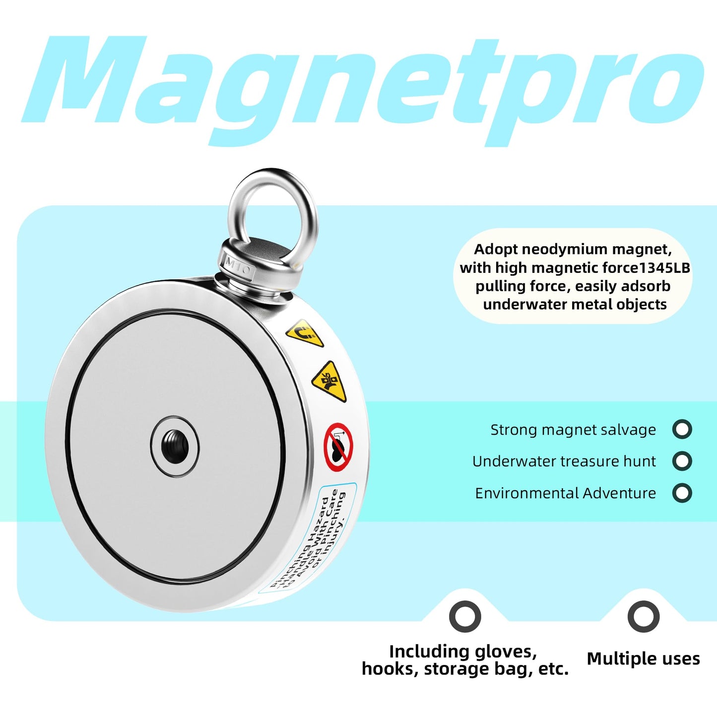 Magnetpro 2690LB’s Complete Retrieving Magnet Fishing Kit | Double Sided Fishing Magnet Kit | Includes Strong Neodymium Magnets, Durable 65ft Rope, Carabiner, Gloves, Grappling Hook & Carry Case