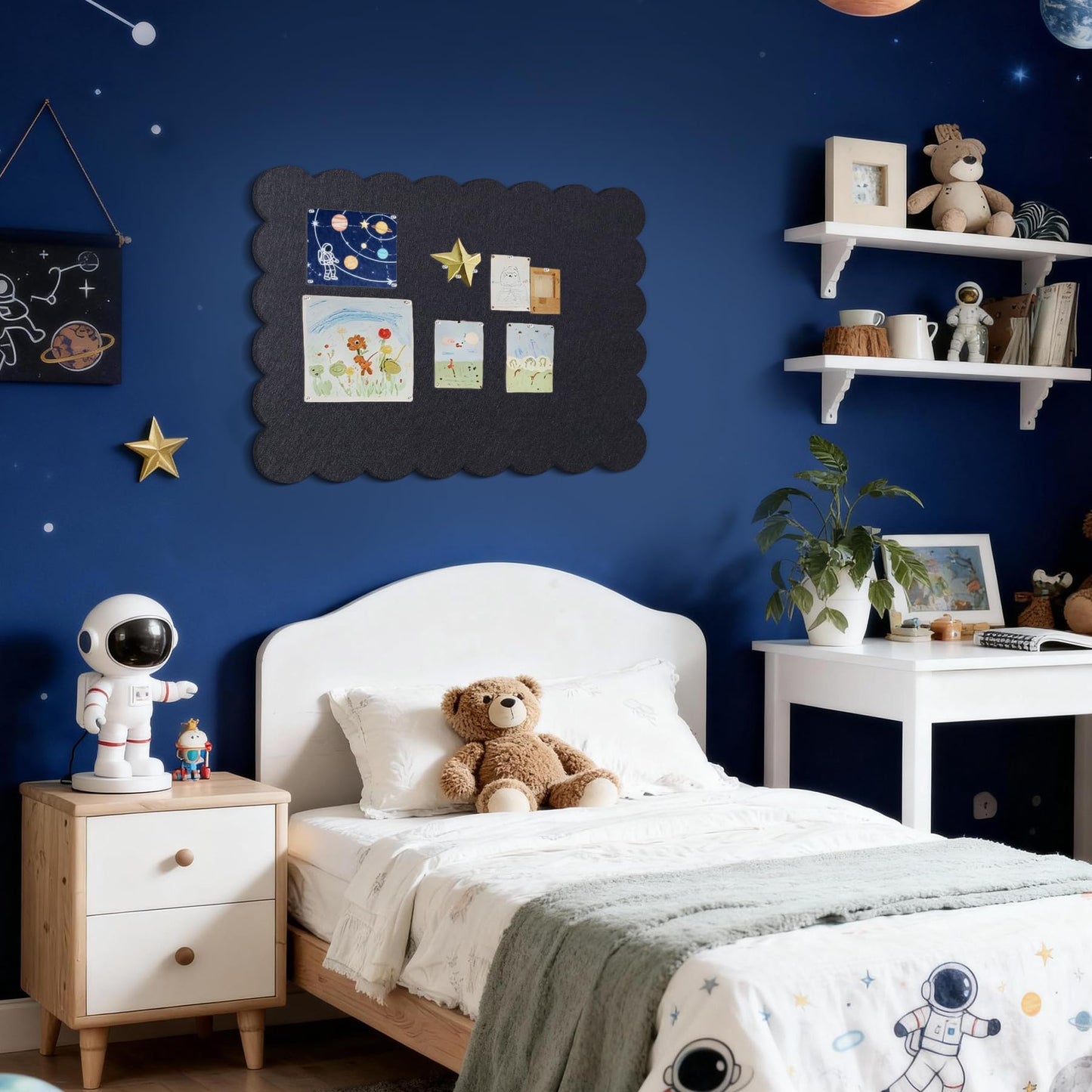 Lightomorrow Scalloped Bulletin Board, 36 x 24 Inches Felt Pin Board - Decorative Cork Alternative for Wall, 3' x 2' Foldable Picture Self-Adhesive Vision Prayer Board with 20 Pushpins - Black