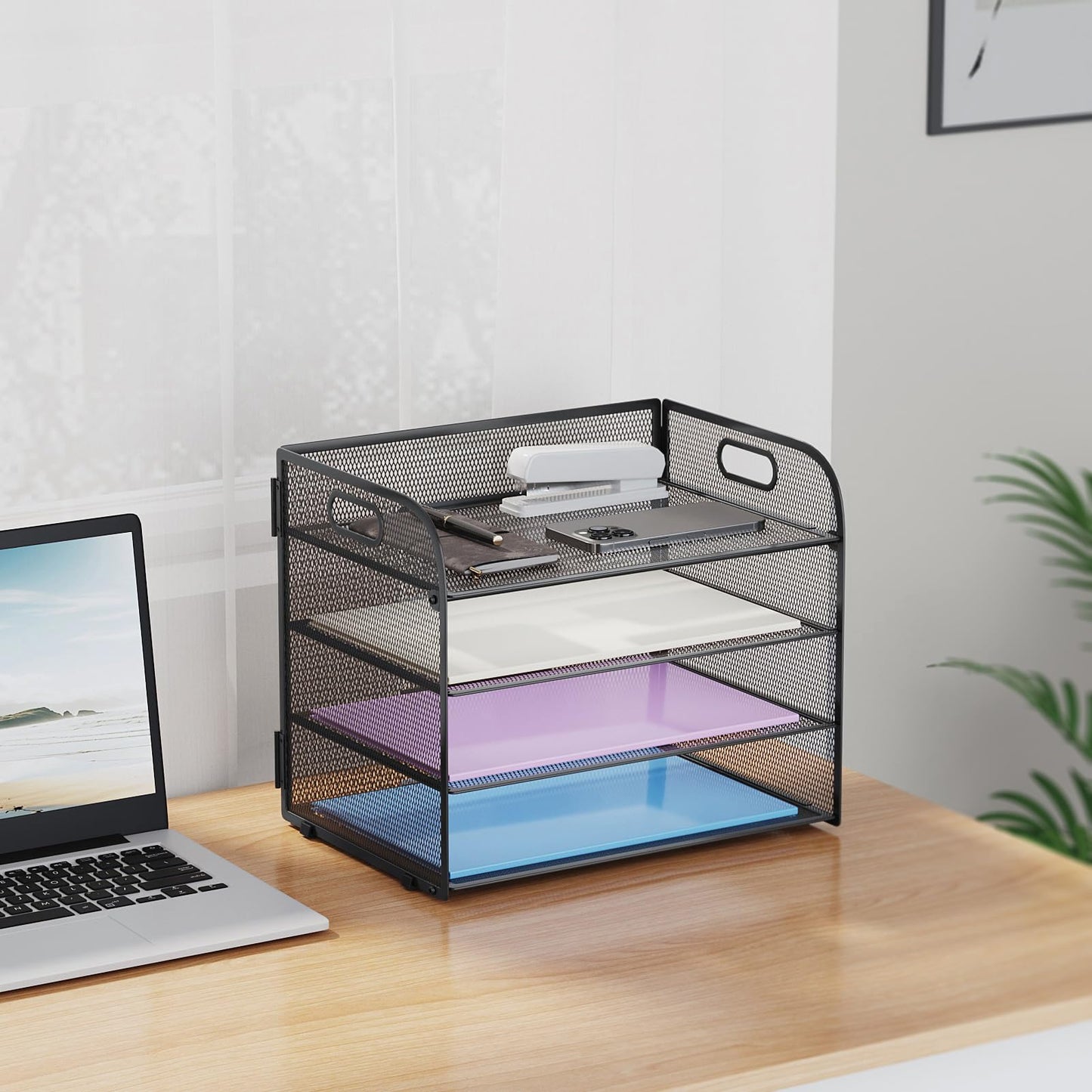Marbrasse 2 Pack 4 Tier Paper Organizer Letter Tray - Mesh Desk File Organizer with Handle, Paper Sorter Organizer for Letter/A4 Office File Folder Holder (Black, 12.6" x 9.1" x 10.7")