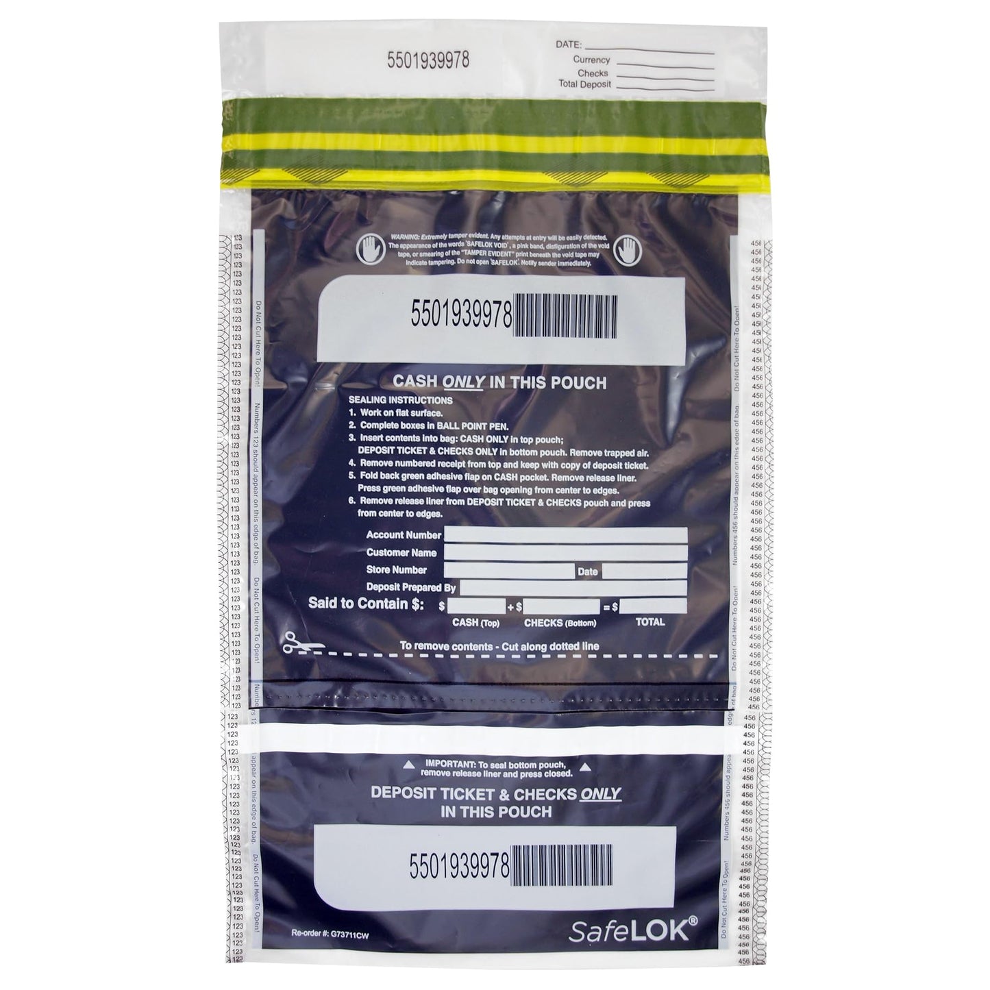 ControlTek SafeLok 10" x 15", Clear,Vertical Twin Deposit, 100 Bags, Tamper-Evident Deposit Bags for Cash Handling, Moisture, Heat and Cold Sensitive Ink, Tear-off receipt + Large Barcodes 585092