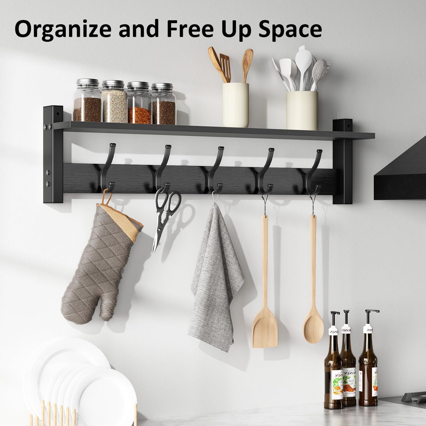 Optish Coat Rack Wall Mount with Shelf, 29 Inch Coat Hanger Walls Mounted, Hat Rack for Walls, Shelf with 5 Coat Hooks, Wall Hanger for Entryway (Black)