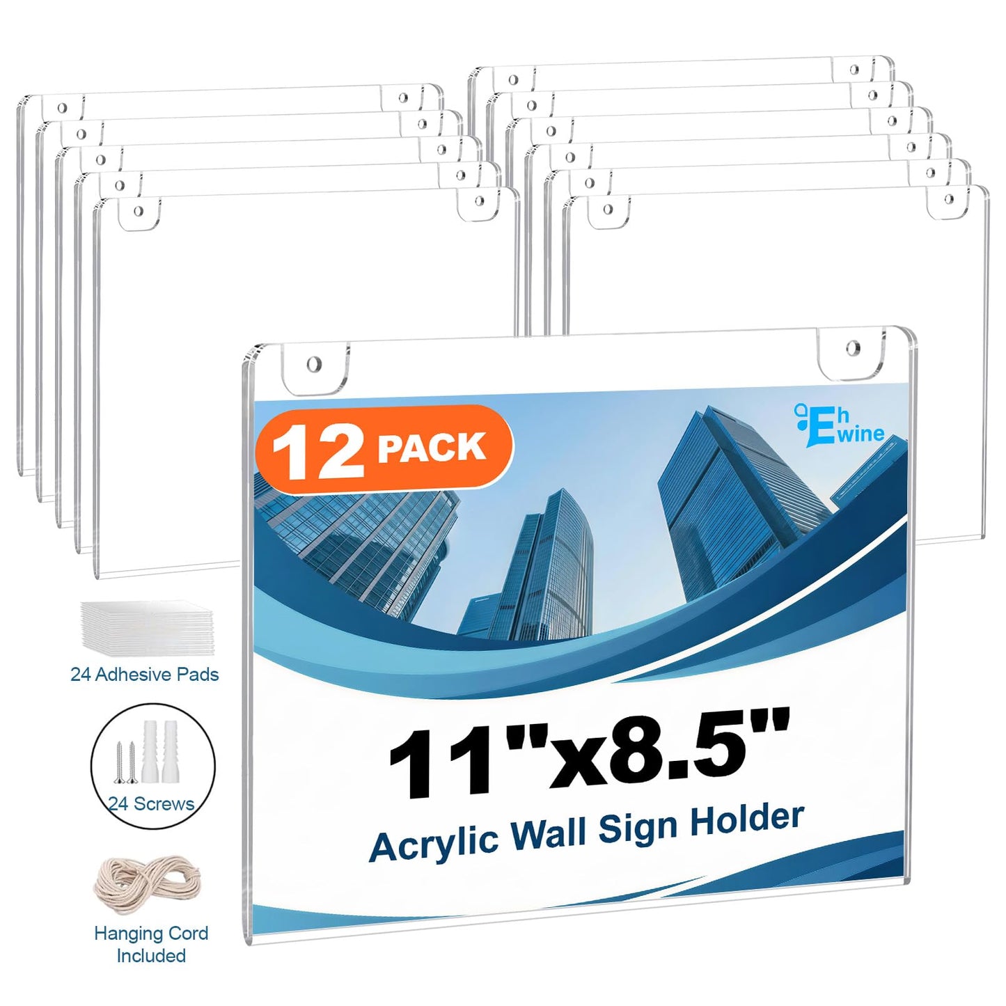 EHWINE 12 Pack 8.5x11 Wall Mount Acrylic Sign Holder Horizontal, Acrylic Wall Sign Photo Menu Flyer Display Holder, Plastic Clear Picture Adhesive Frames for Office Party (Provide Mounting Screws)