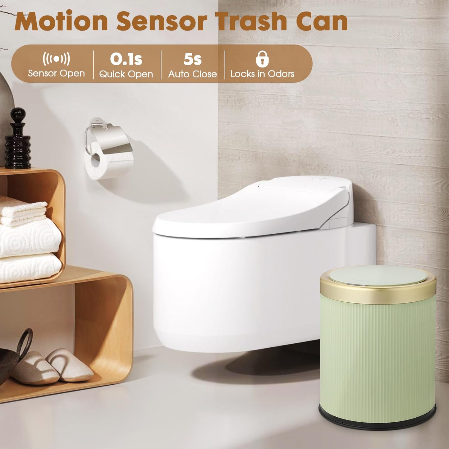 onlcuk Smart Touchless Bathroom Trash Can, 2.8 Gallon Automatic Motion Sensor Rubbish Can with Lid Electric Small Garbage Bin for Kitchen, Office, Toilet, Bedroom -Green