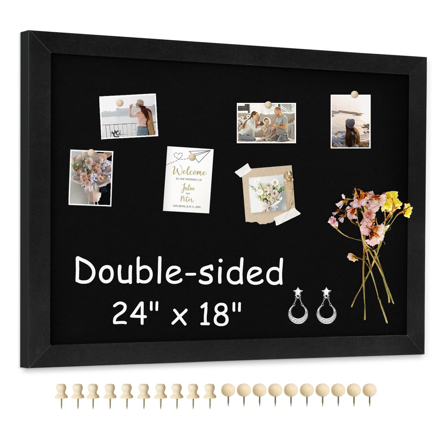 AMUSIGHT Double-Sided Black Cork Board with Linen, 24" x 18" Hanging Wood Framed Large Bulletin Board, Picture Display Vision Board Kit Corkboards for Wall Room School Office Decor, 20 Pushpins
