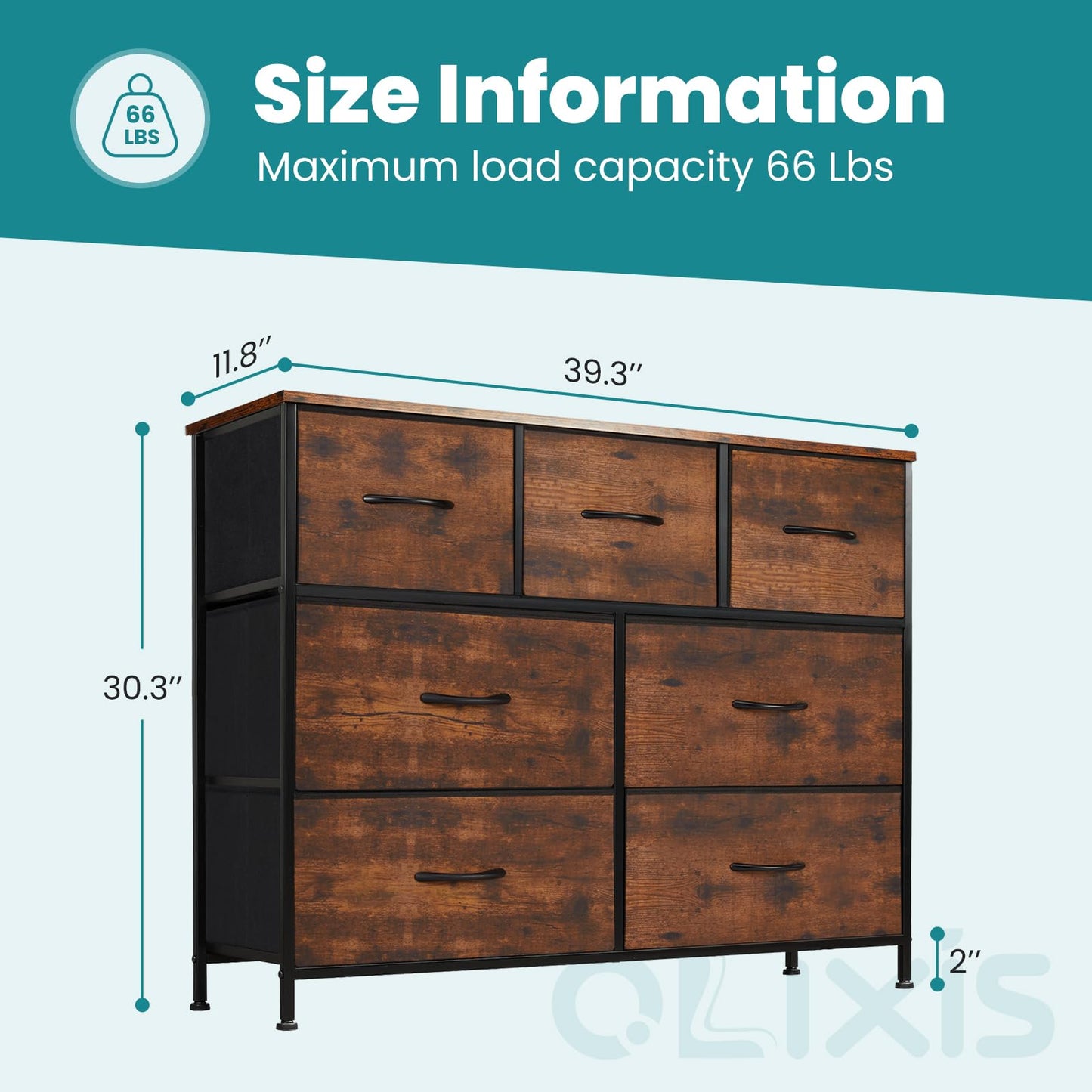 OLIXIS 7 Drawer Dresser for Bedroom, Wide Fabric Storage Tower with Wooden Top and Metal Frame, Closet Chest Organizer Furniture, TV Stand for Living Room Hallway, Rust Brown