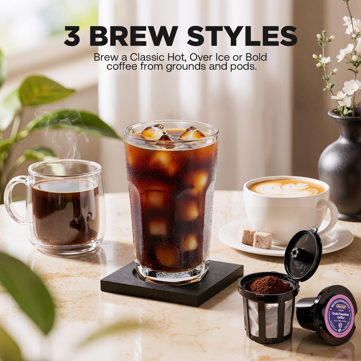 Tastyle Single Serve Coffee Maker Hot and Iced with Bold Brew, Small Coffee Machine for K Cup and Ground, Fits 7.3'' Travel Mug, Brews up to 16 Oz, 5 Cup Sizes, for Office, RV& Hotel, Elegant Black