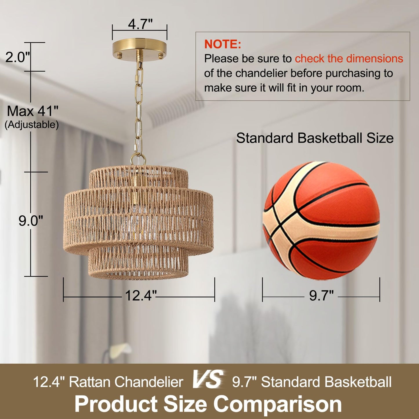 Giutna 12.4" Boho Rattan Farmhouse Chandeliers for Dining Room, Rattan Hand-Woven Rustic Drum Chandelier Pendant Light Fixture for Kitchen Island Bedroom Living Room Entryway Foyer