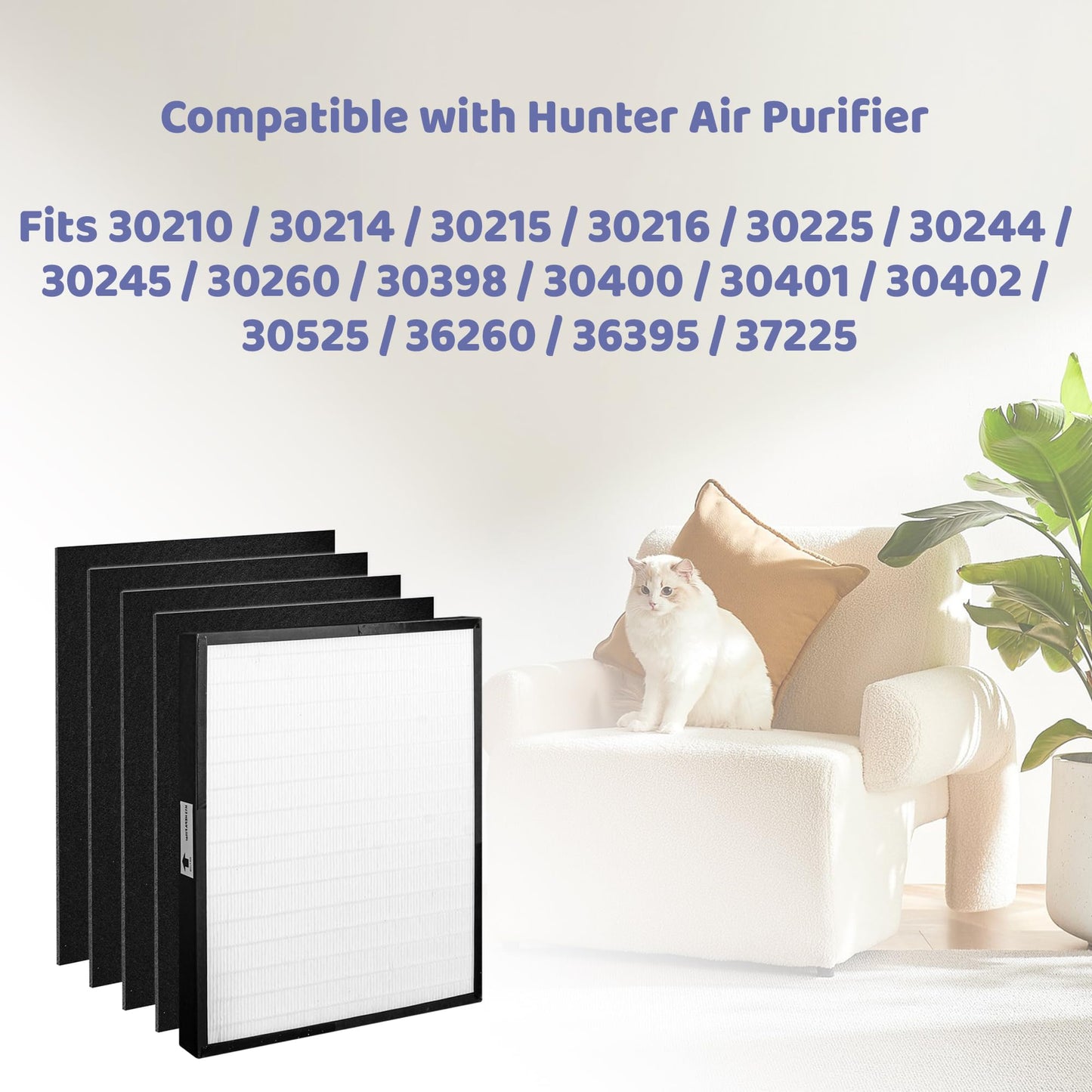 Popurure 30940 Replacement Filter Compatible with Hunter Air Purifier, fits 30210 30214 30215 30216 30225 30244 30245 30260 30398 30400 30401 30402 30525 36260 36395 37225, 1 HEPA Filter + 4 Prefilter