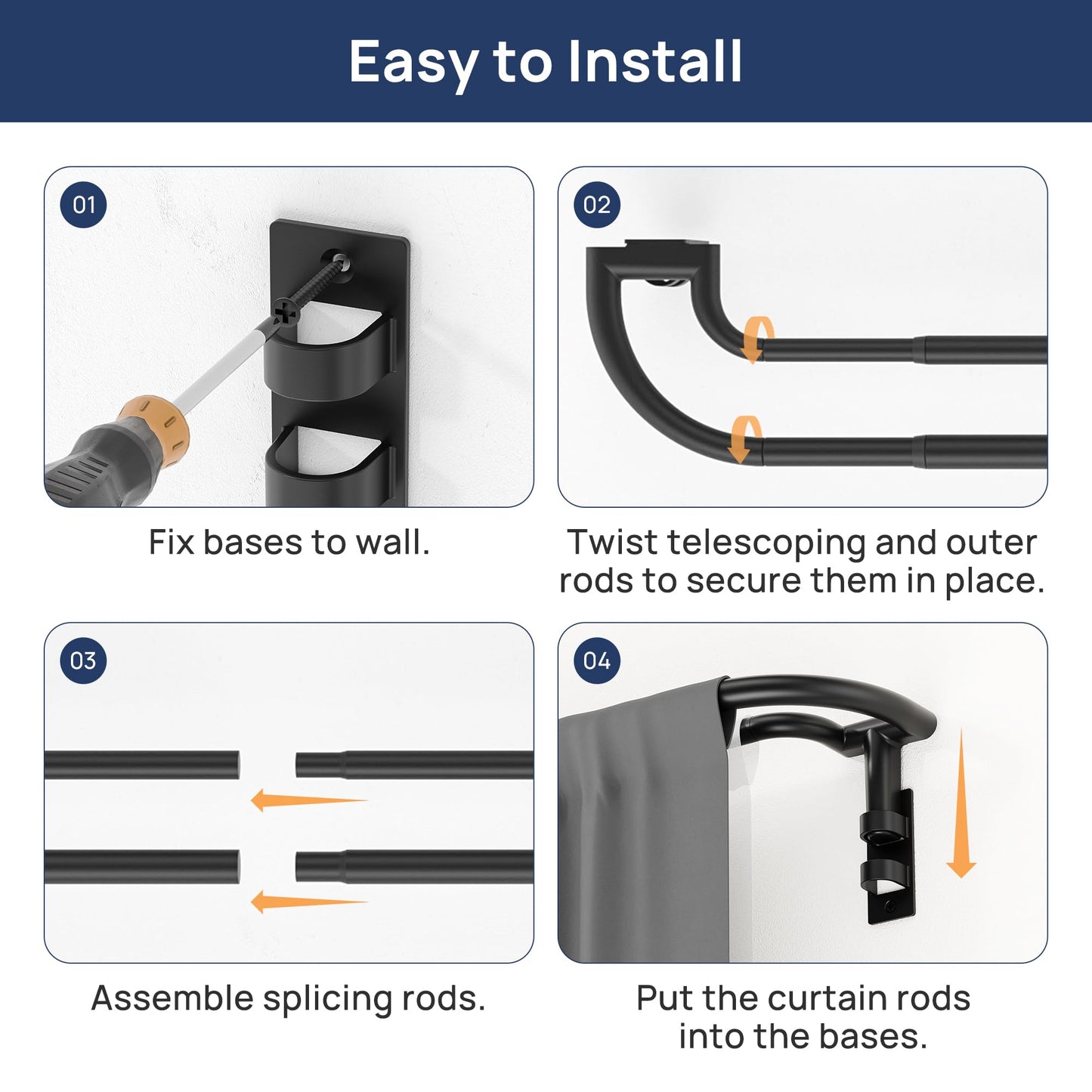 ENJOYBASICS Double Curtain Rod，Blackout Wrap-Around Curtain Rods for Windows 66 to 120 Inch for Room Darkening Curtains，Adjustable from 32 to 129 Inch, Matte Black