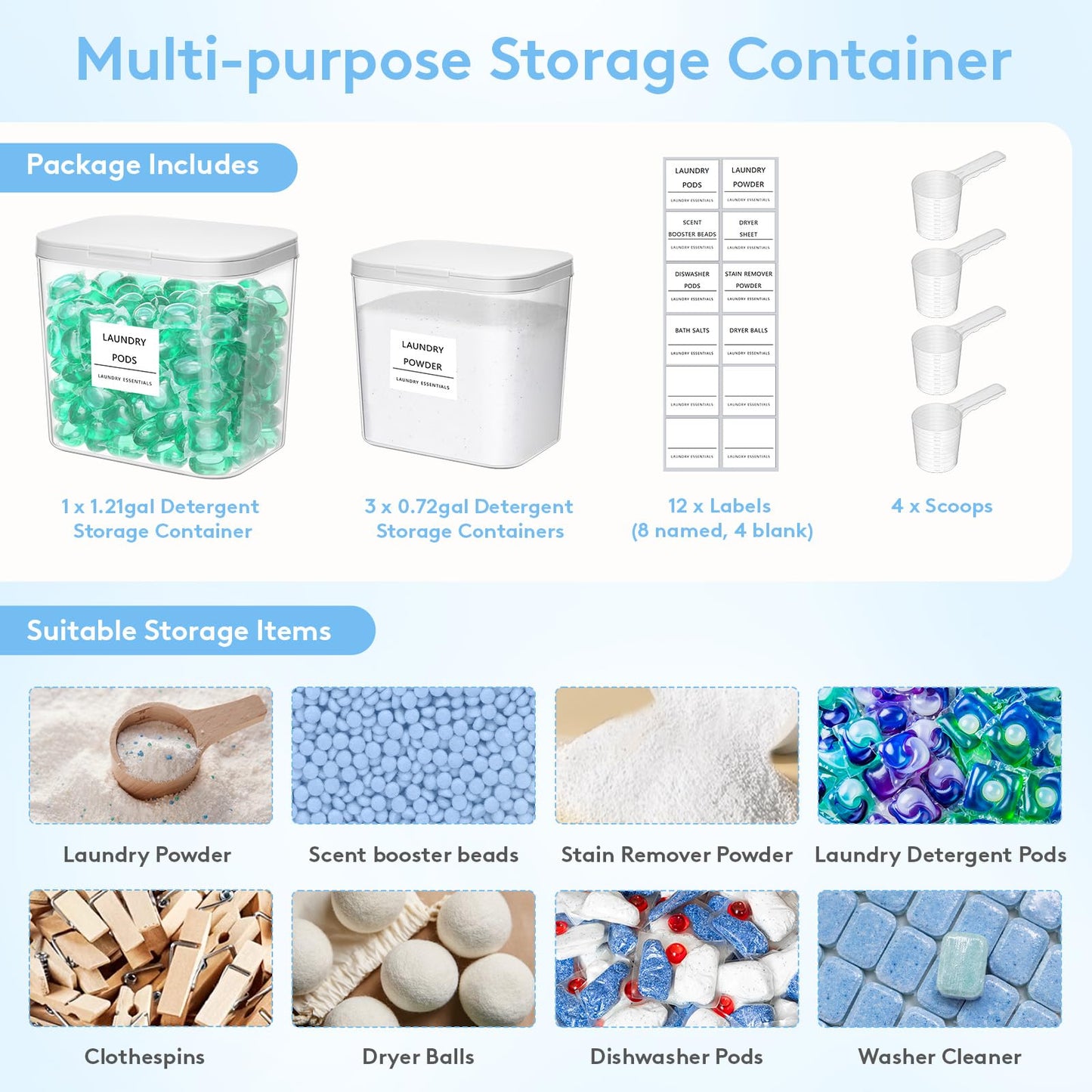 Lifewit Laundry Pods Container with Pop-up Lid, Laundry Room Organization, Dryer Sheet Holder for Washing Powder Scent Booster Beads, 2700 +4500ml/0.72+1.2gal,4 Pcs