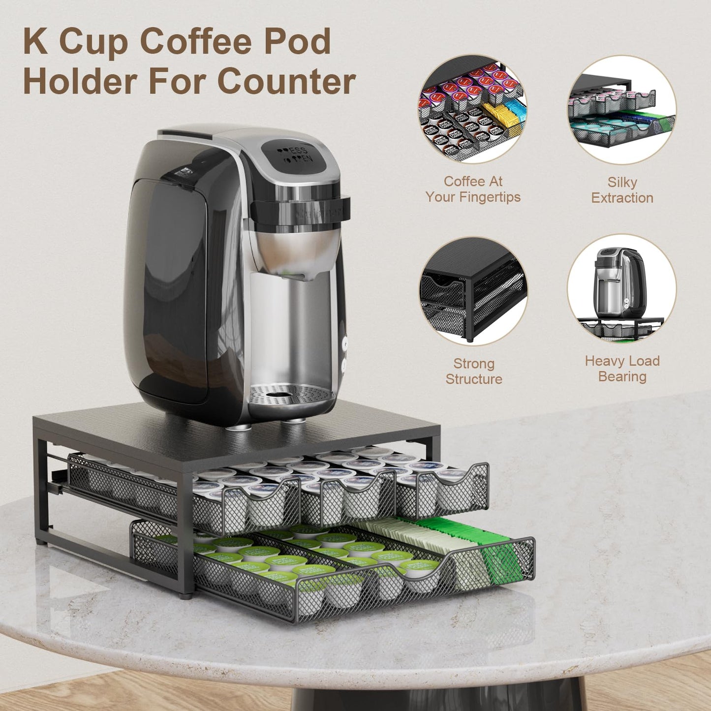 Coffee Pod Holder For Counter, 3 Pull-Out 72 K-Cup Holder Drawer, Wooden Cafe Pods Storage Organizer with Sliding Drawers for Coffee Station, Home, Kitchen, Office, Dorm (Black)