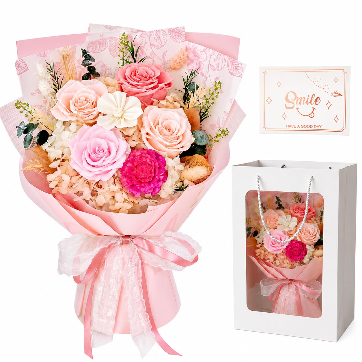 Pink Preserved Flowers Bouquet, Eternal Real Flower for Women Real Roses That Last 3 Years Handmade Floral Arrangement for Mother's Day Birthday Gifts Anniversary Surprise for Mom Women Her