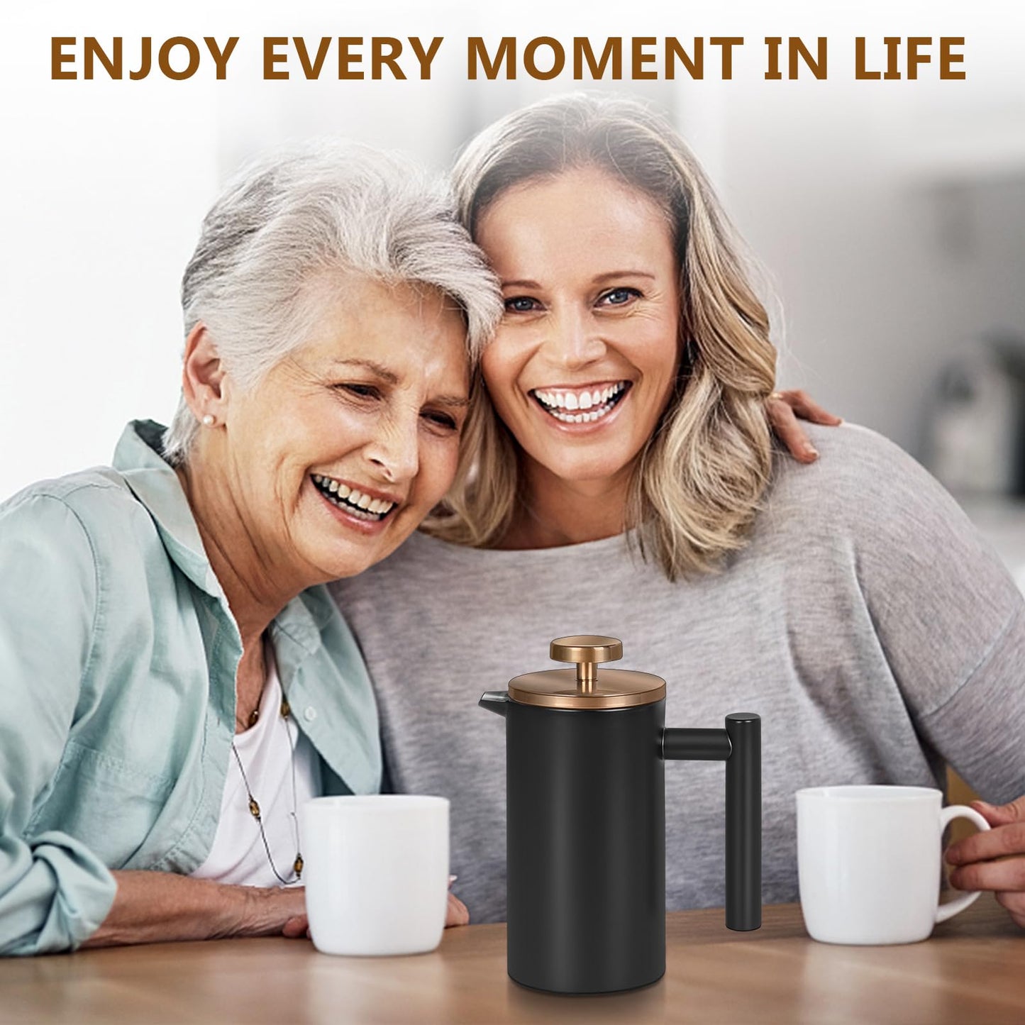 WORBIC Black Large French Press Coffee Maker 50oz, Double Wall Insulated French Press Stainless Steel,for Coffee&Tea,with 3 Extra Screens and a Coffee Spoon, 50oz/1500ml, Gold