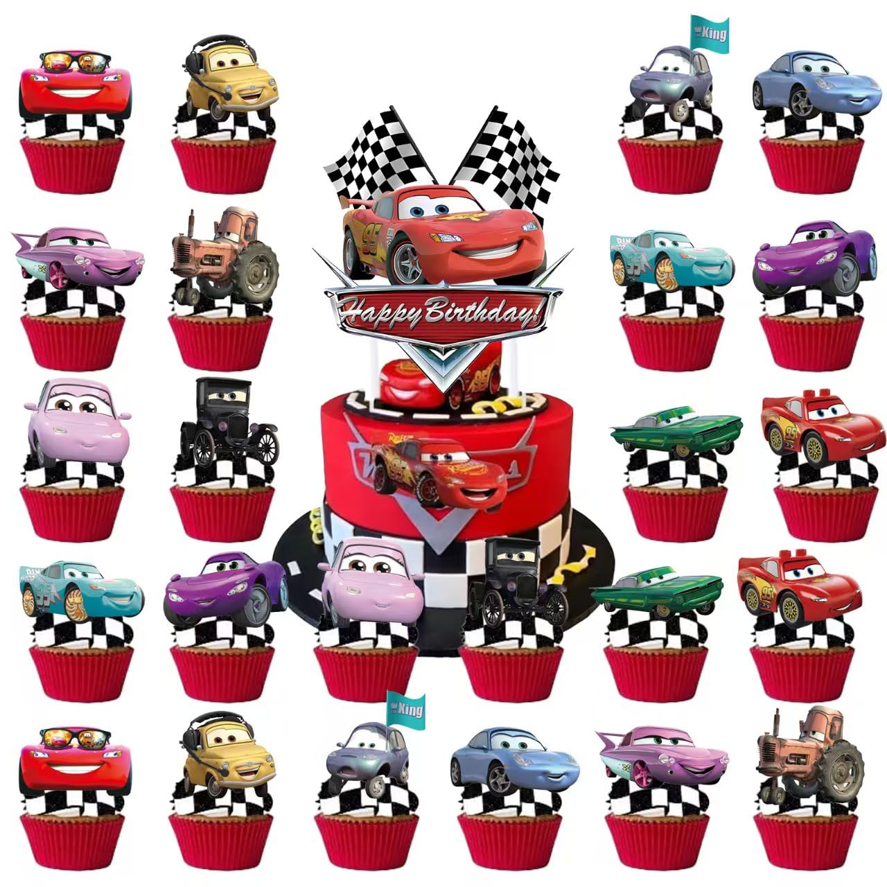 52Pcs Cars Birthday Party Supplies, Party Decorations Set Include Banner, Backdrop, Balloons, Hanging Swirls, Cake Cupcake Toppers, Tablecloth for Boys Girls Cars Theme Party
