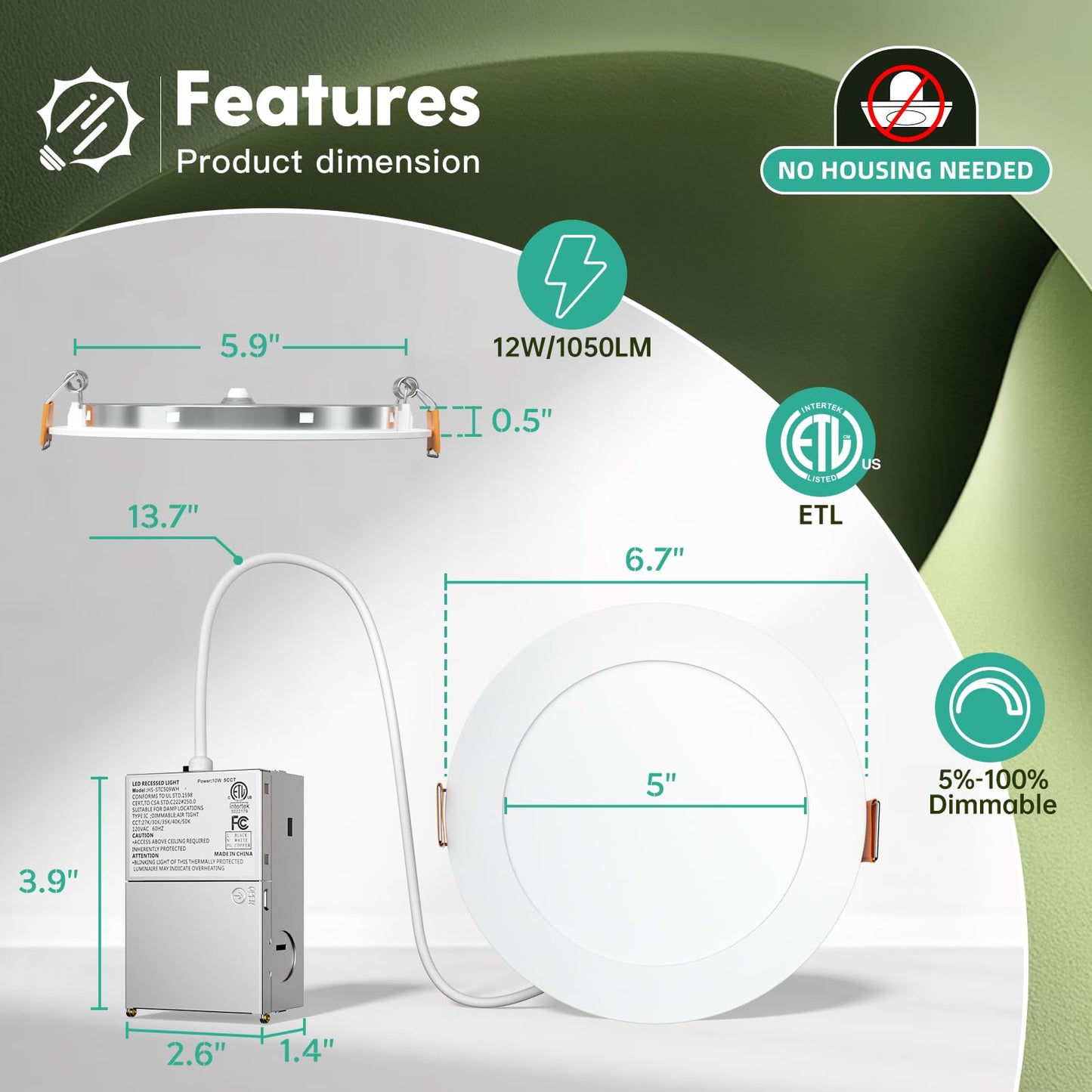 12 Pack 6 Inch 5CCT Ultra-Thin LED Recessed Ceiling Light with Junction Box, 2700K/3000K/3500K/4000K/5000K Selectable, 1050LM Brightness, Dimmable Canless Wafer Downlight, 12WEqv110W, ETL&FCC