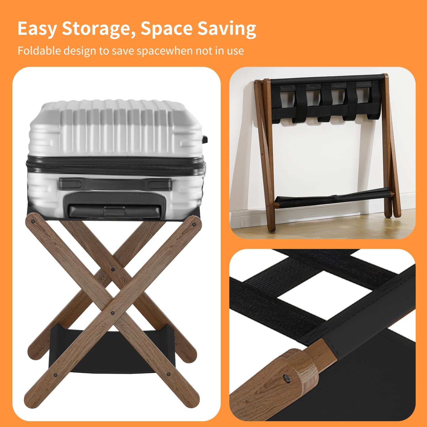 Heybly Luggage Rack, Folding Suitcase Stand with Storage Shelf, Luggage Holder with 5 Nylon Straps for Guest Room Bedroom Hotel, Walnut, HLR010WB1