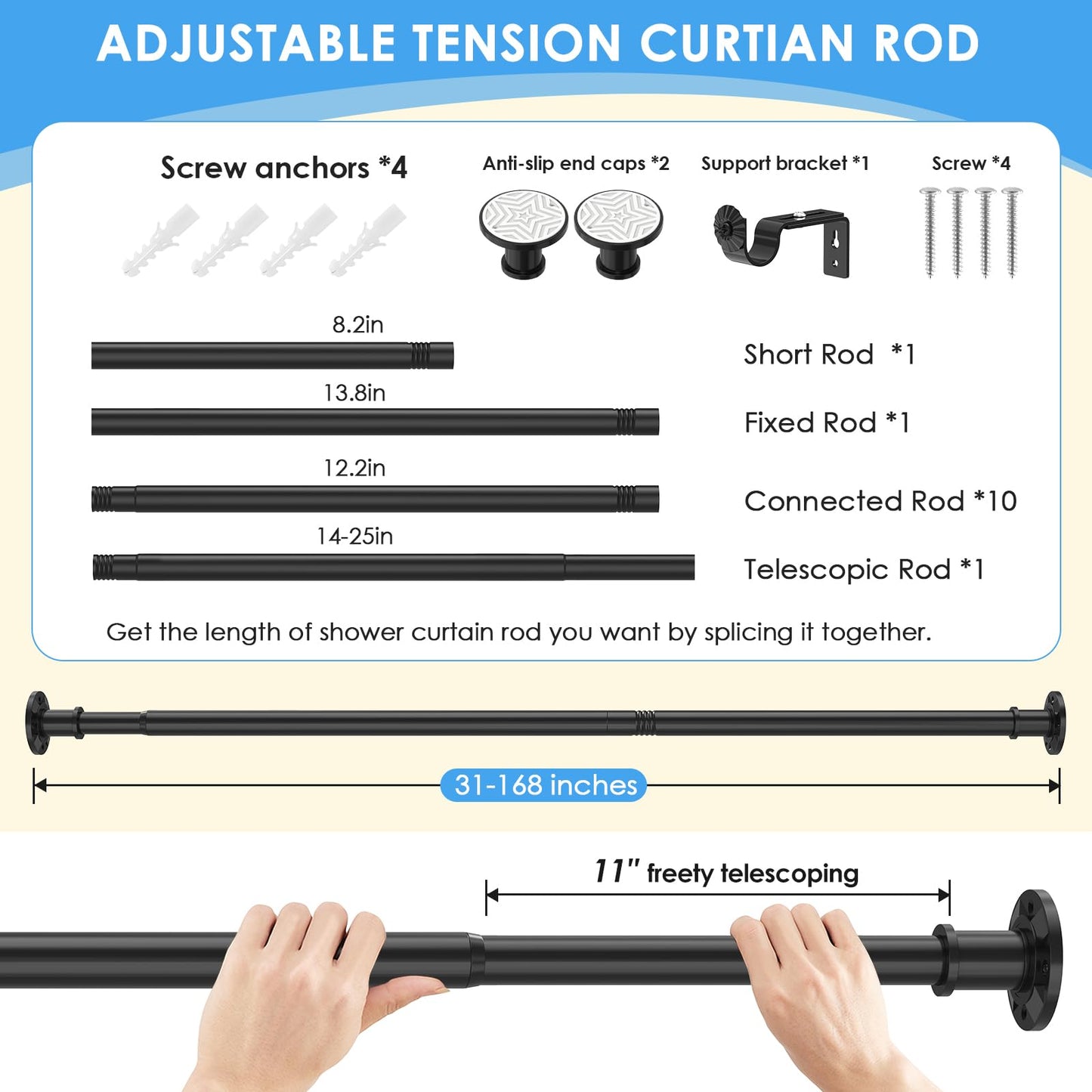 Tension Curtain Rod Extra Long Outdoor Curtain Rod Black Shower Curtain Rods No Drilling 31-168 In（2.58-14Ft）Adjustable Spring Tension Rods Heavy Duty for Bathroom Patio Window Rust Proof