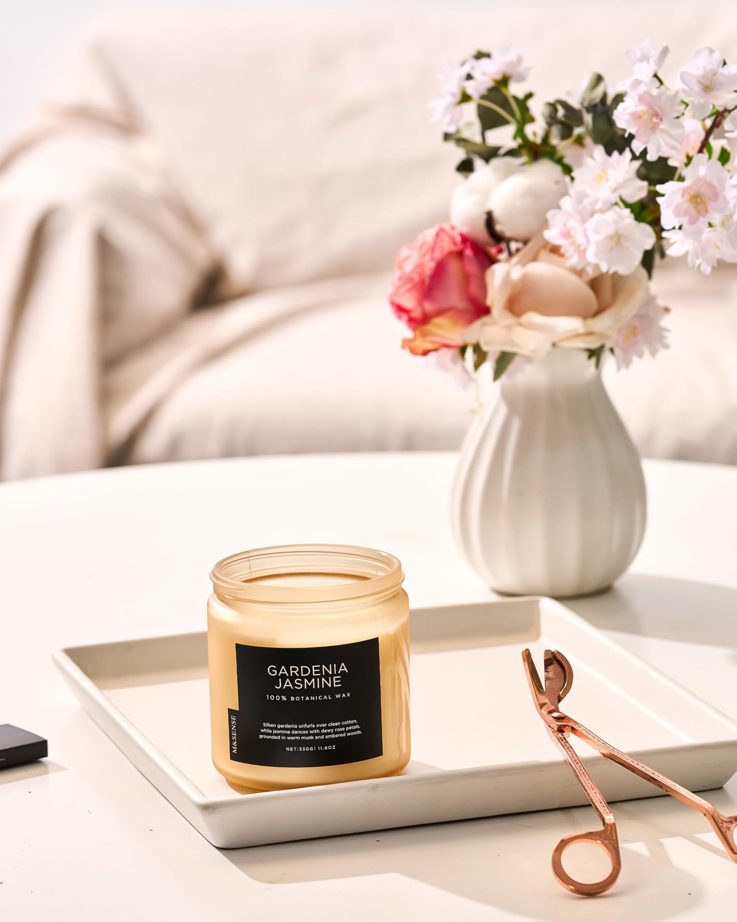 M&SENSE Gardenia Jasmine Scented Candle - 11.6oz Natural Soy Wax Clean Non Toxic 70-Hour Burn, 2-Wick Aromatherapy Candle for Bath & Office - Floral Scent Housewarming Gift for Mom Teacher Friends