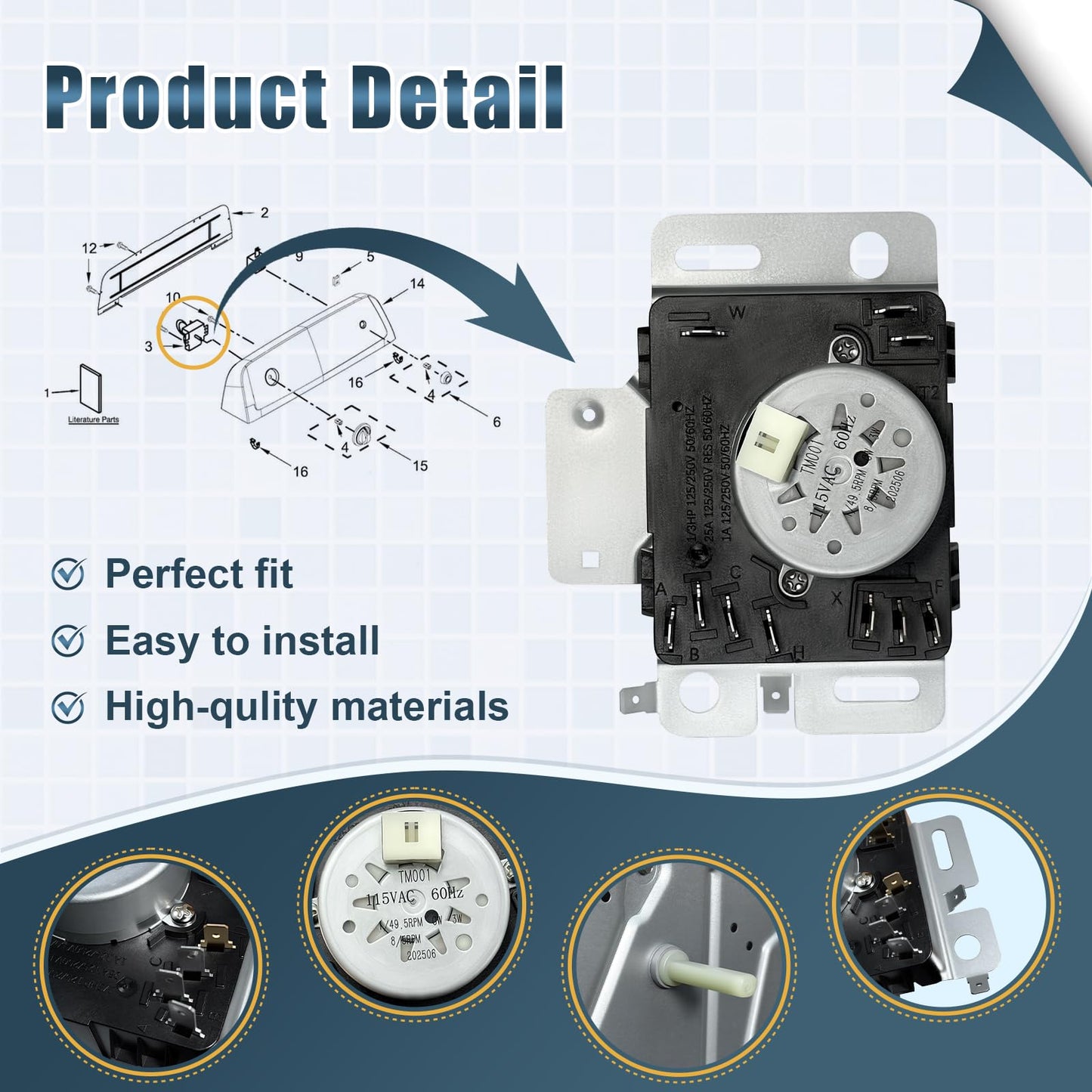 WPW10436302 W10436302 Dryer Timer Compatible with Whirlpool Maytag Kenmore Amana Inglis Dryer, Replacement Part 4446791 AP6021392 PS11754716 EAP11754716 PD00025548