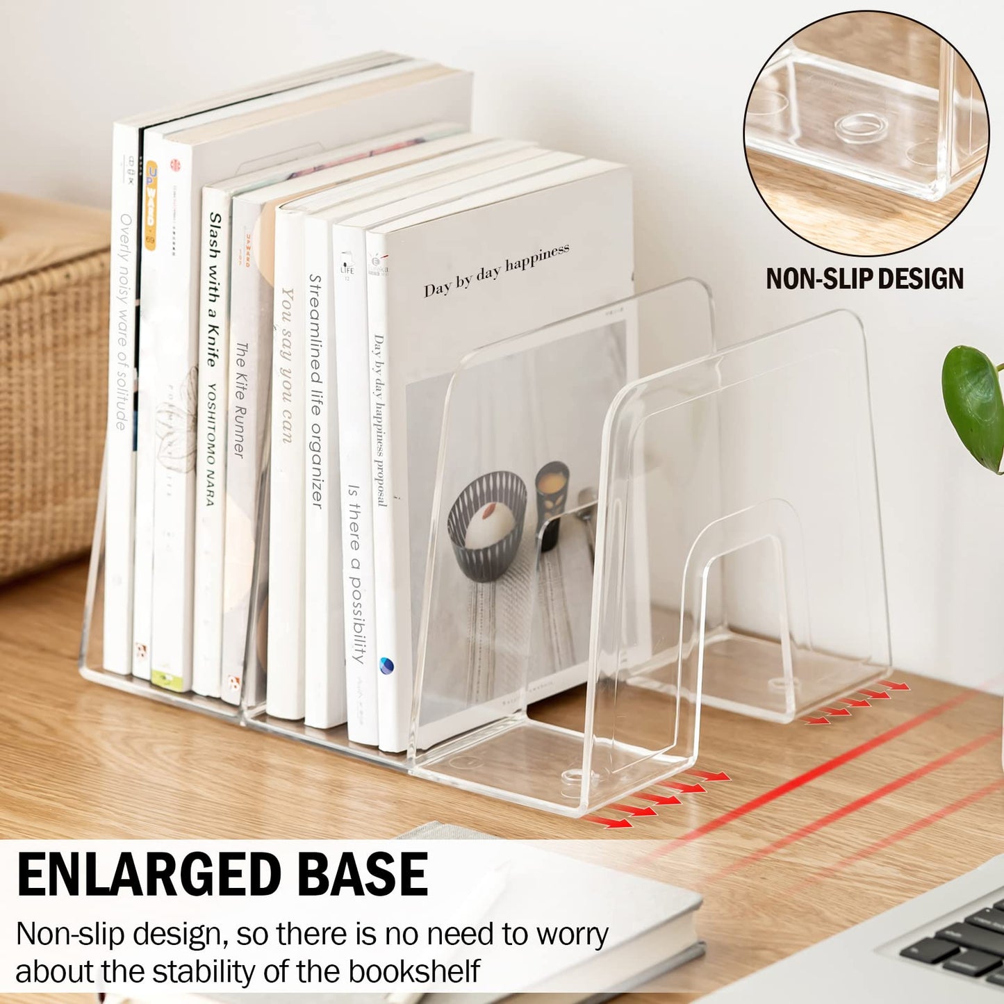 Lunmore Clear Desktop Book Organizer, Creative Book Stand, Divider Bookshelf for Home School and Office, Non-Acrylic Stand Bookshelves (3 Sections), Transparent, Pack of 2