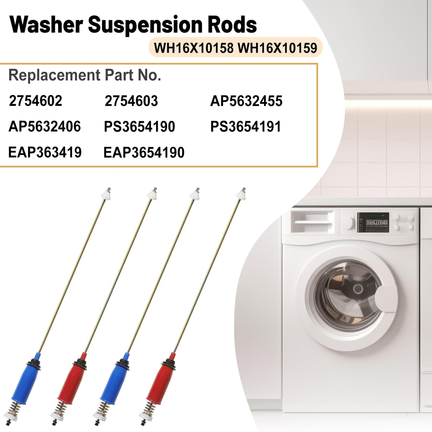 WH16X10158 WH16X10159 4PCS Washer Suspension Rod Set Compatible with G-E Hot-point Washer Replace PS3654190 AP5632455 PS3654191 2754602 GTWN2800D2WW HSWP1000M4WW